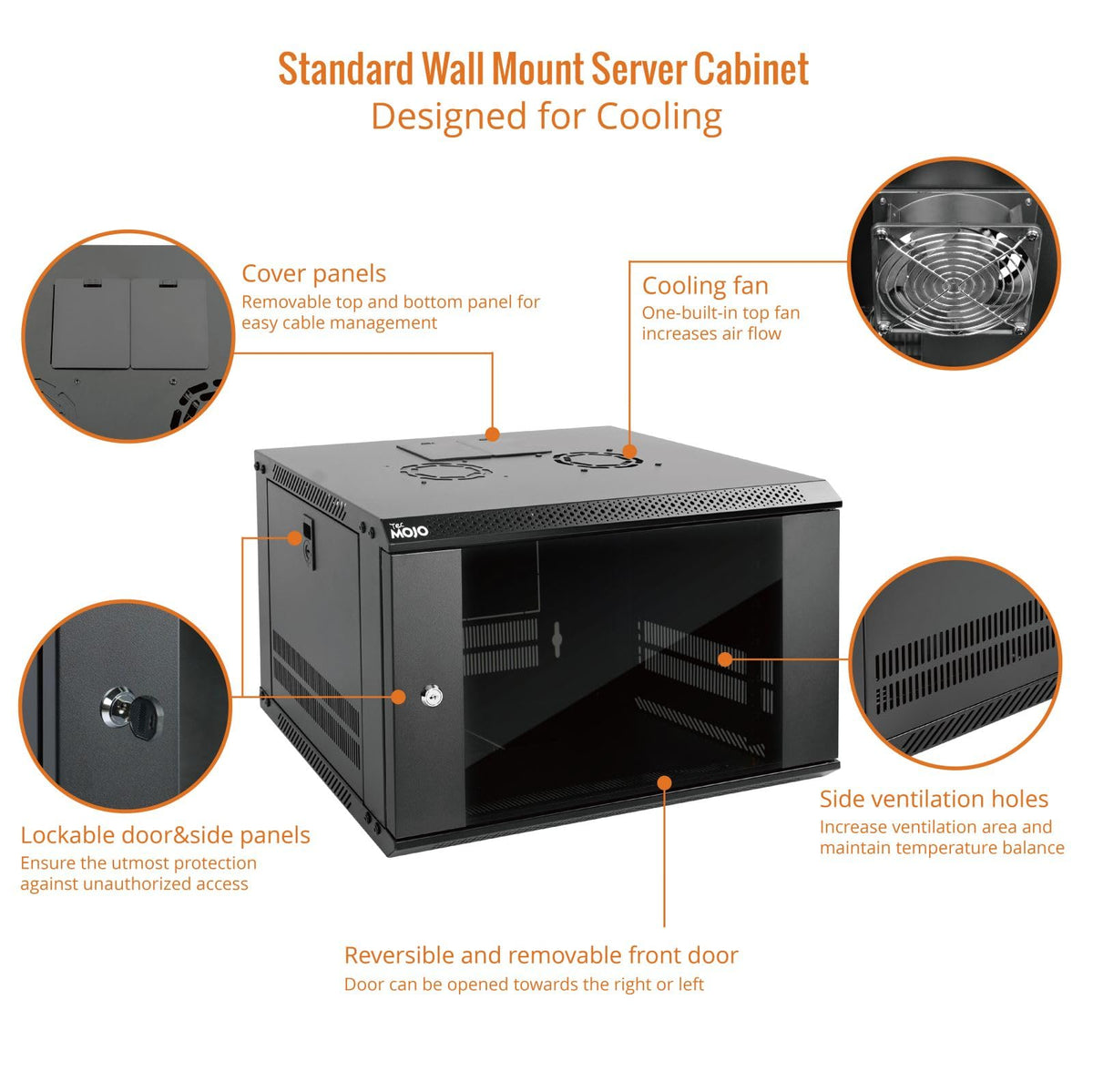 Tecmojo 6U Wall Mount Server Cabinet IT Network Rack Enclosure Lockable Door and Side Panels Black, Cooling Fan, Standard Glass Door, 450mm Depth, for 19” IT Equipment, A/V Devices