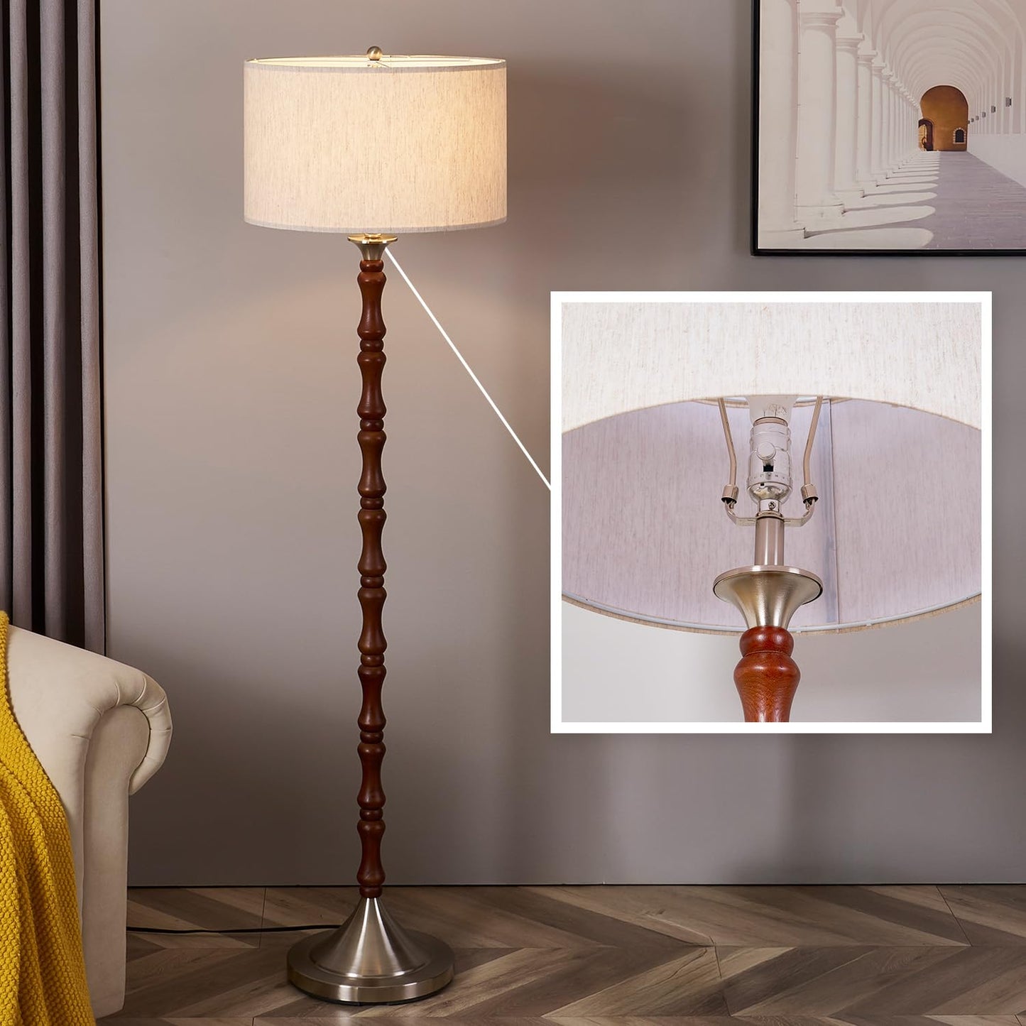 MITELSON Mid Century Floor Lamp with Linen Drum Shade - Dimmable Tall Standing Lamp, Rustic Wooden Retro Lamp for Living Room Bedroom Office Corner, Walnut Brown, Adjustable Stepless Dimming