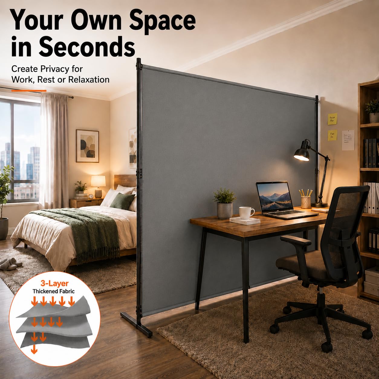 Room Divider, 72x72Inch Large Single Panel Privacy Screen for Room Separation,Free Standing Partition Wall with Thickened Fabric,Portable for Office,Bedroom,Patio,Gray