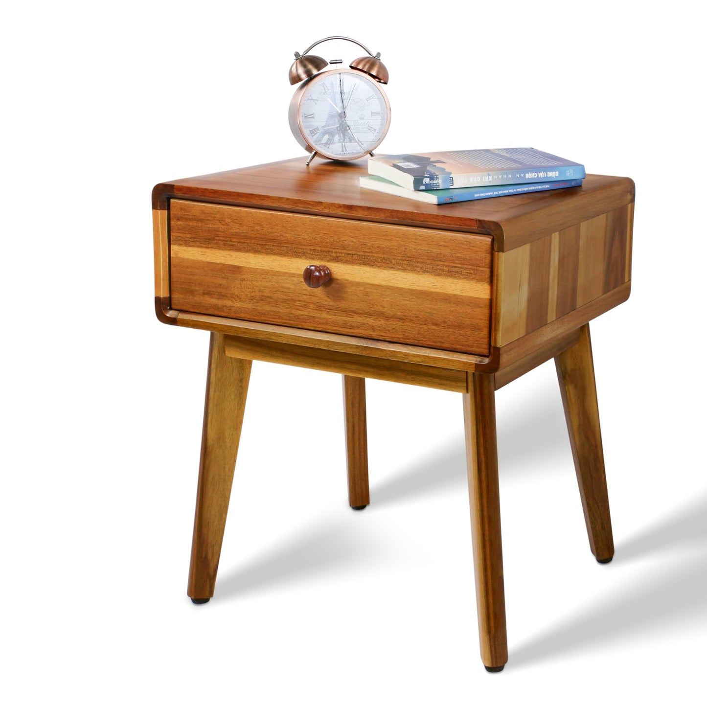ENKEZI Small Mid Century Acacia Night Stand with Drawer Dresser, Handcrafted Small Nightstand, Space-Saving Bedroom Side Tables with Acrylic Coating, No Visible Nails