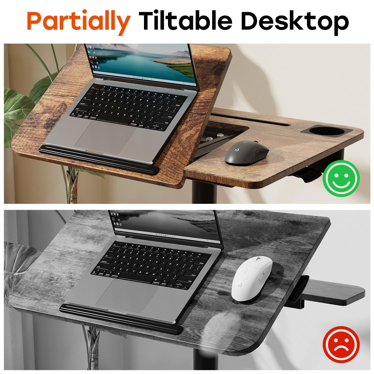 JOY worker Mobile Standing Desk, Height Adjustable Table, 60° Tiltable Rolling Laptop Desk, Portable Sit Stand Desk with Wheels Cup Holder for Bed Couch Hospital, Holds Up to 22lbs, Rustic
