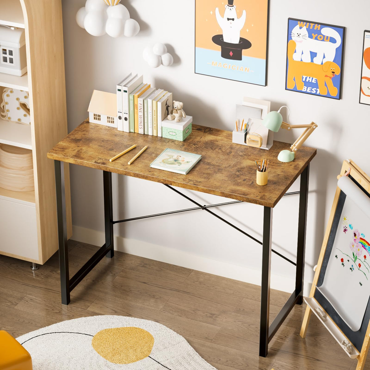 Sweetcrispy Small Computer Desk, 63" Office Writing Desk with Metal Frame & Wooden Top, X-Shaped Reinforcement, Student Study Workstation for Home Bedroom, Brown