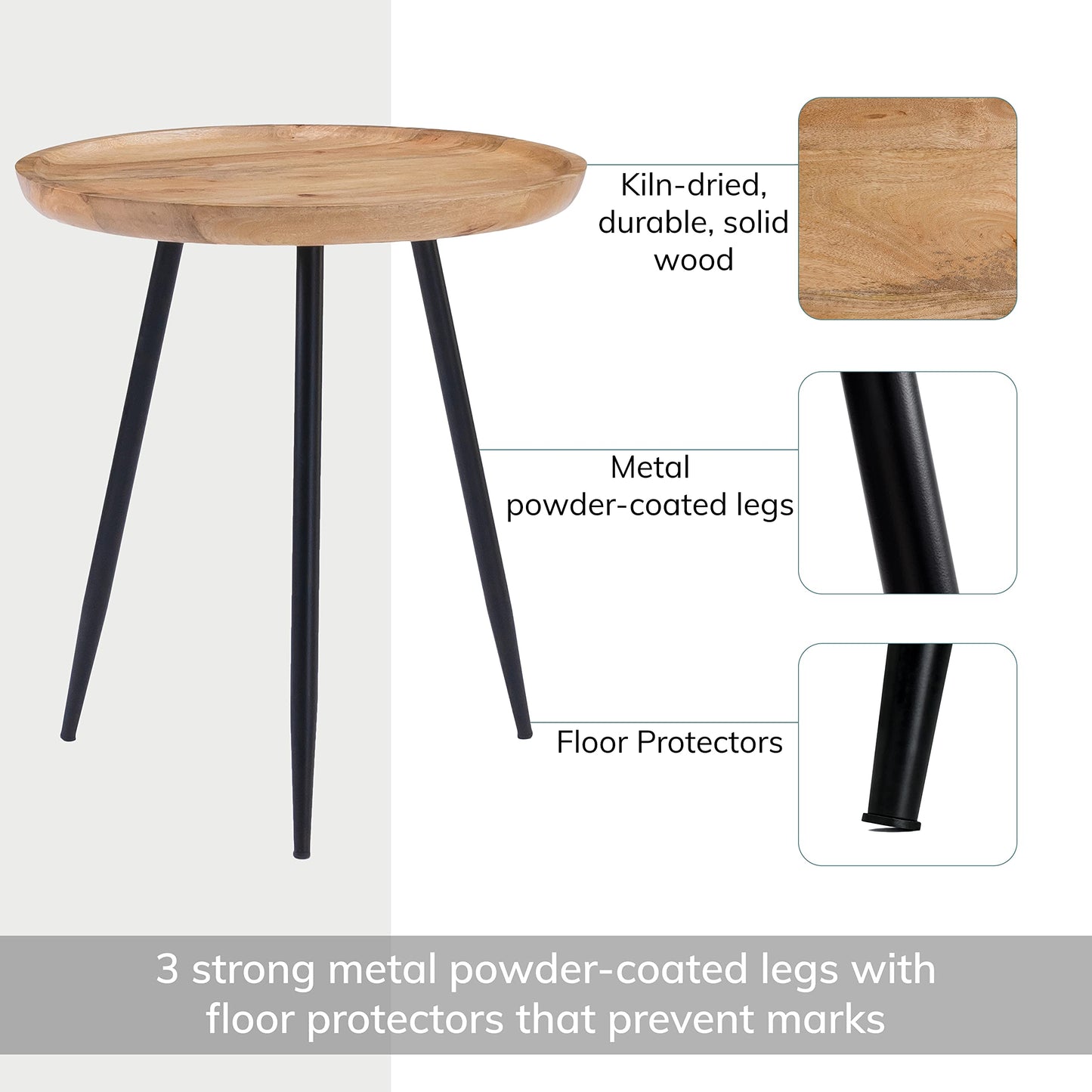 MH London Side Table - Dilan Tri Pin Small Table. Exclusively Designed Hand-Crafted Small Nightstand. Solid Wood Round End Table. Contemporary Accent Table for Bedrooms, Living Rooms and Home Office