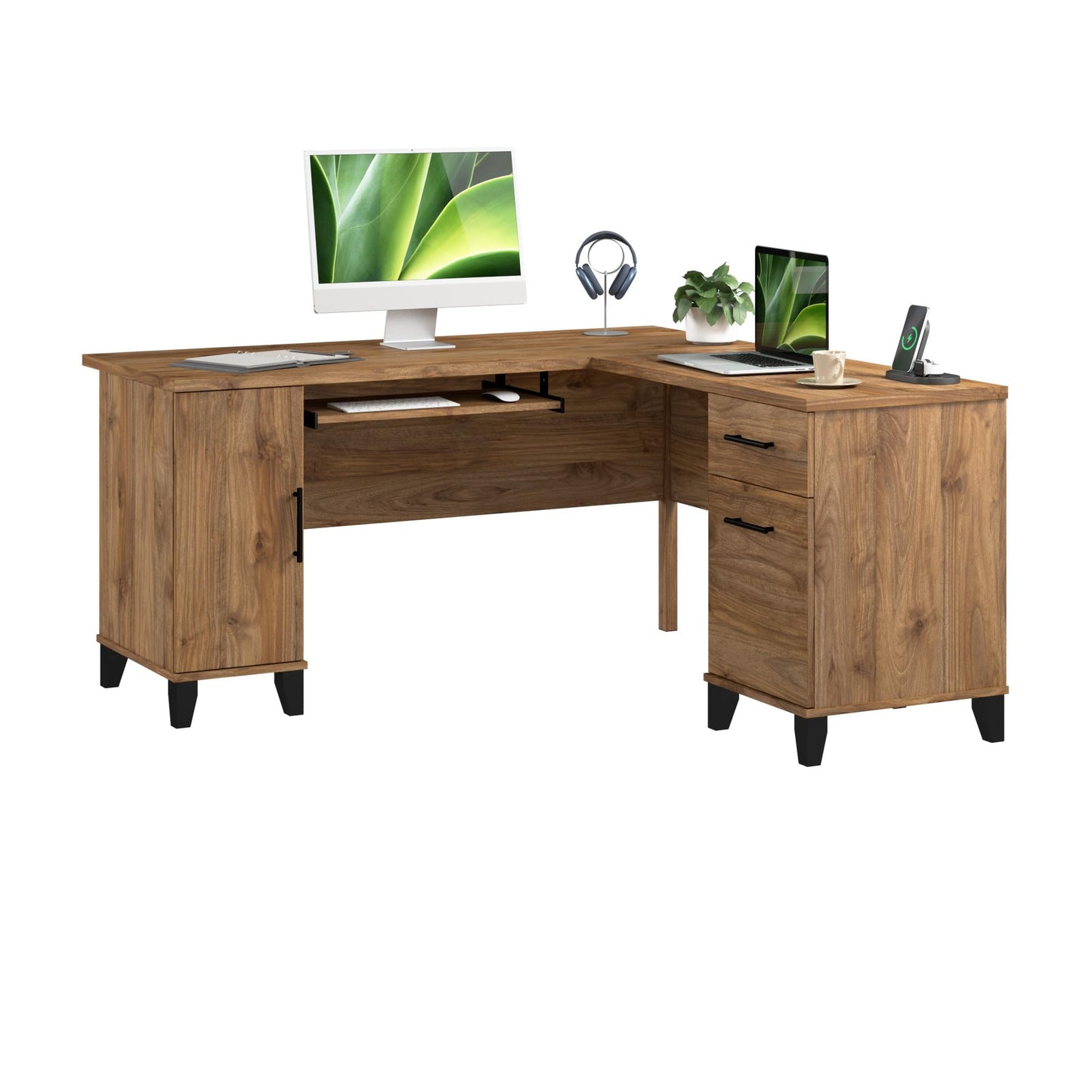 Bush Home 60-Inch L-Shaped Desk with Storage, Corner Computer Office Desk with Drawers and Storage Cabinet, Home Office Furniture, Somerset Collection, Fresh Walnut