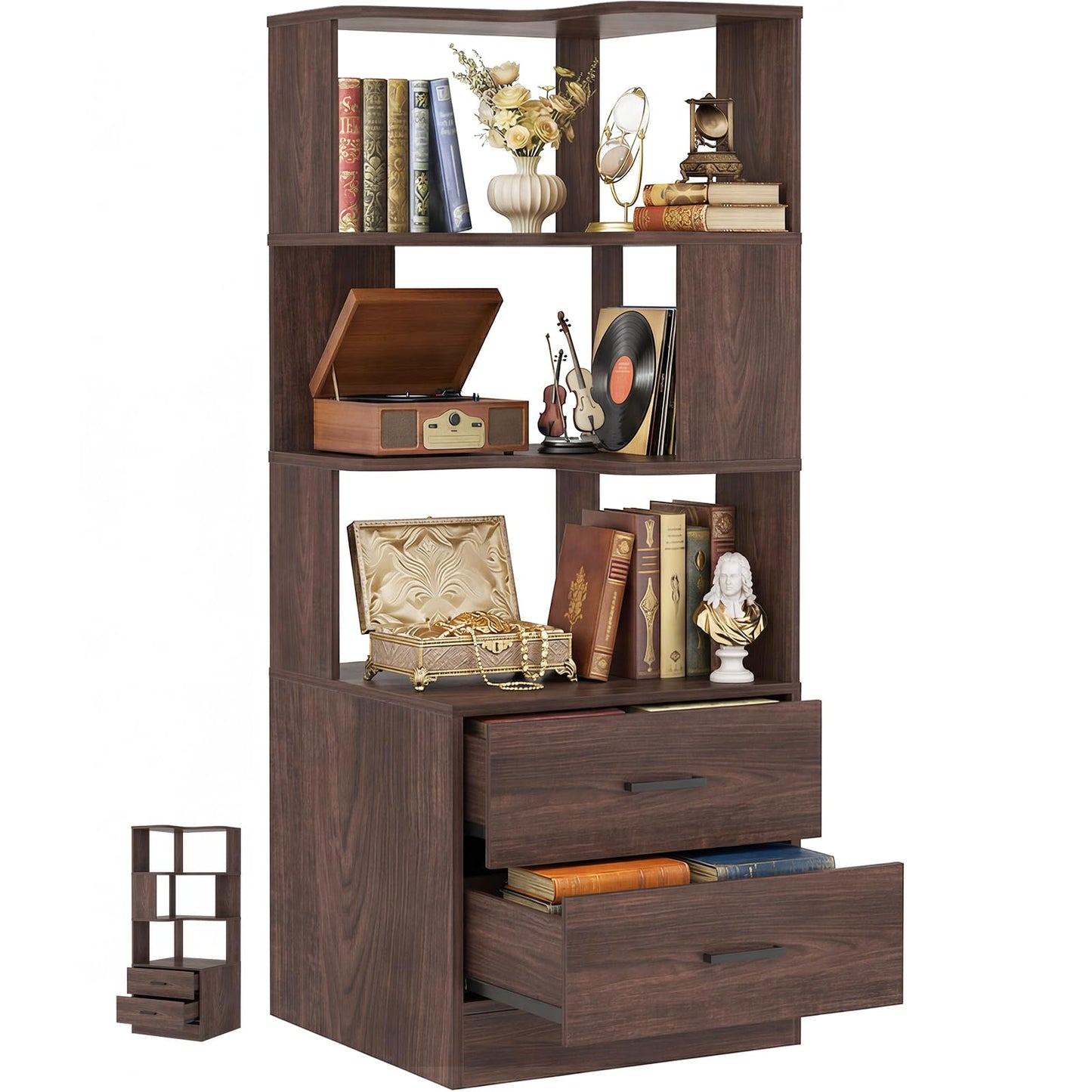 Armocity Corner Bookshelf with Drawers, 6 Tier Corner Book Shelf Display Bookcase, Freestanding L Shaped Bookshelf for Bedroom, Living Room, Home Office, Black Walnut