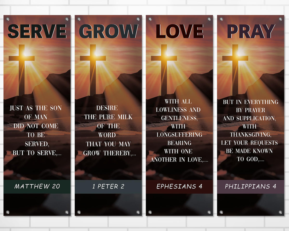 4Pcs Easter Church Banners for Sanctuary Wall Welcome Religious Banner Easter Serve Grow Love Pray Hanging Backdrop Cross Sunset Church Signs Scripture Bible Verse Banner for Christian School Decor