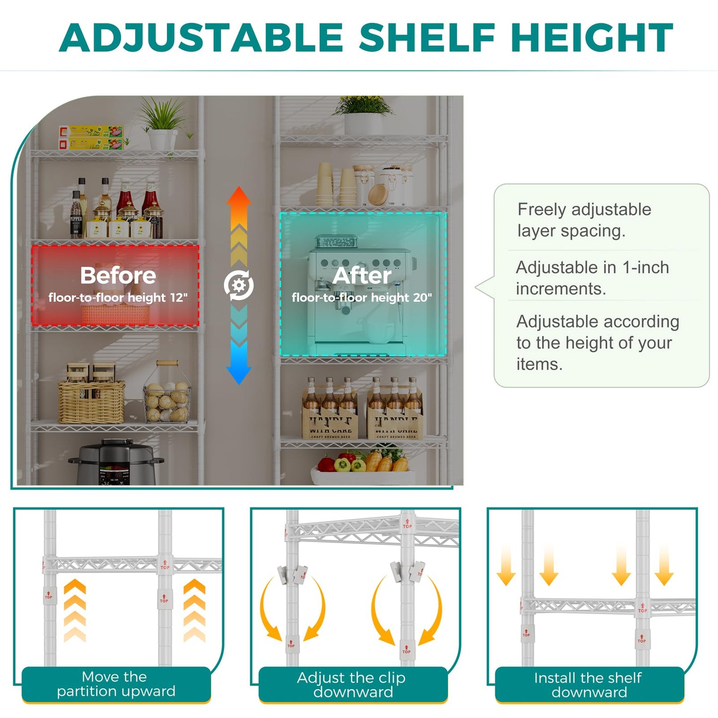 SINGAYE Shelf Wire Shelving Adjustable Storage Shelves Rack Standing Units for Kitchen Closet Laundry Bathroom Organizers Metal Pantry Narrow Mesh Gaps 14" D x 24" W x 72" H White