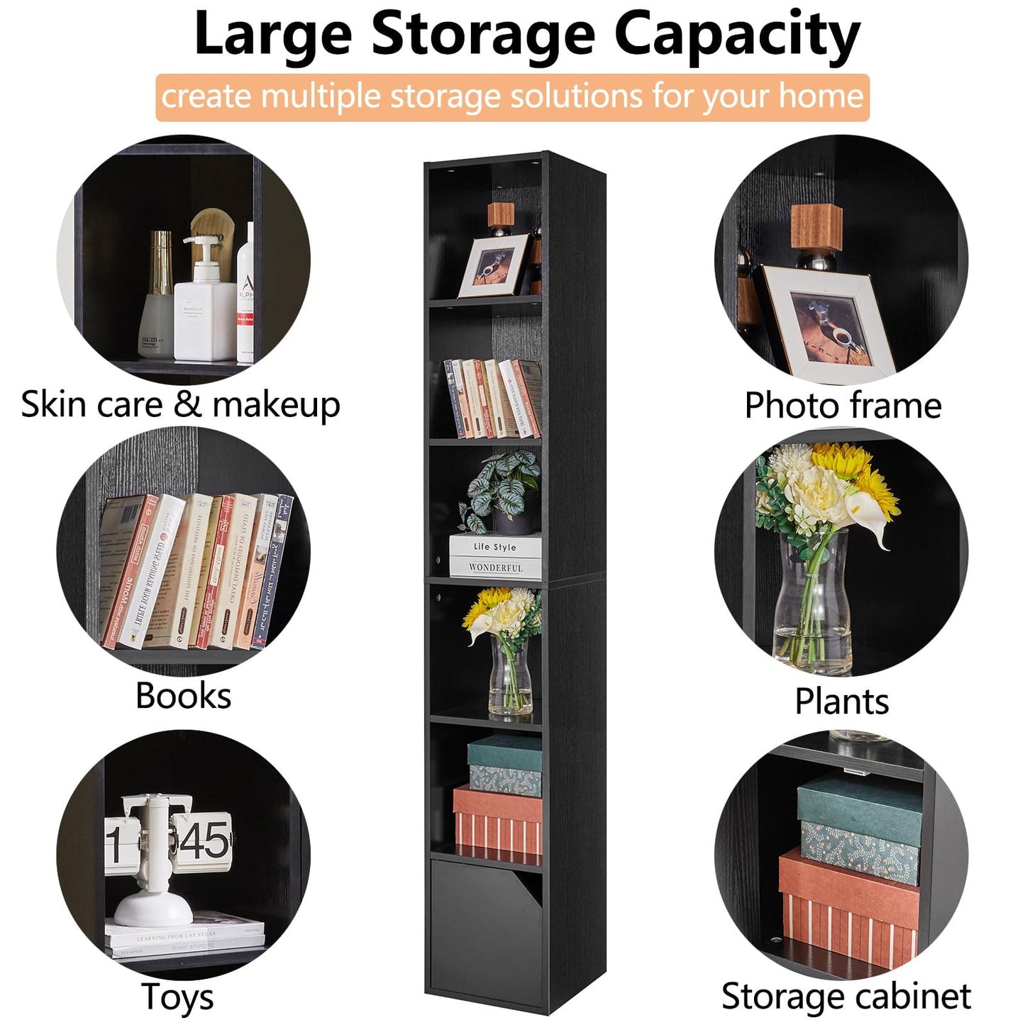 IBUYKE 6 Tier Narrow Bookcase with Doors, Cube CD DVD Storage Cabinet,Slim Media Tower Rack,Cabinet,Black Bookcase Display Storage Shelves for Small Spaces,for Home Office Black UWBC001B