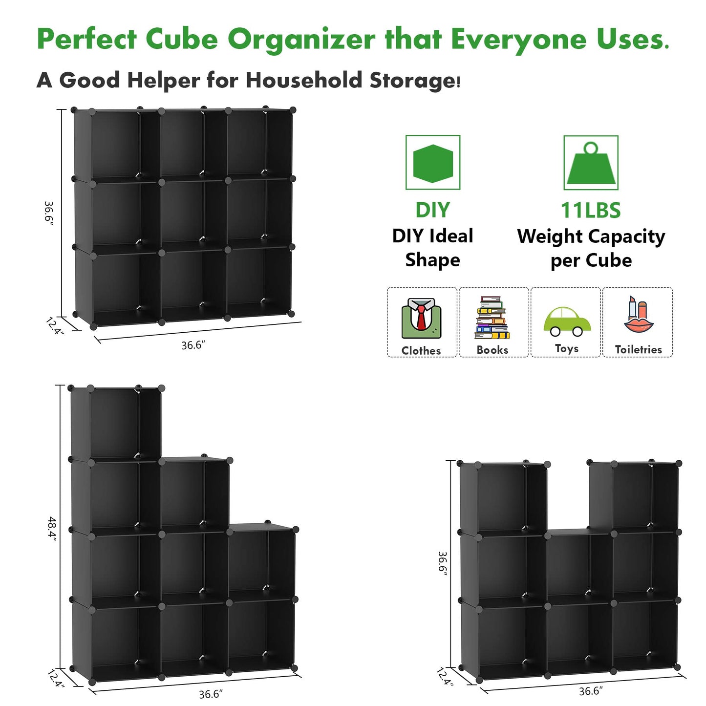 C&AHOME Cube Storage, 9-Cube Bookshelf, Plastic Closet Cabinet Organizer, DIY Stackable Bookcase, Modular Shelving Units Ideal for Home, Office, Kids Room, 36.6" L x 12.4" W x 48.4" H Black SHS3009A