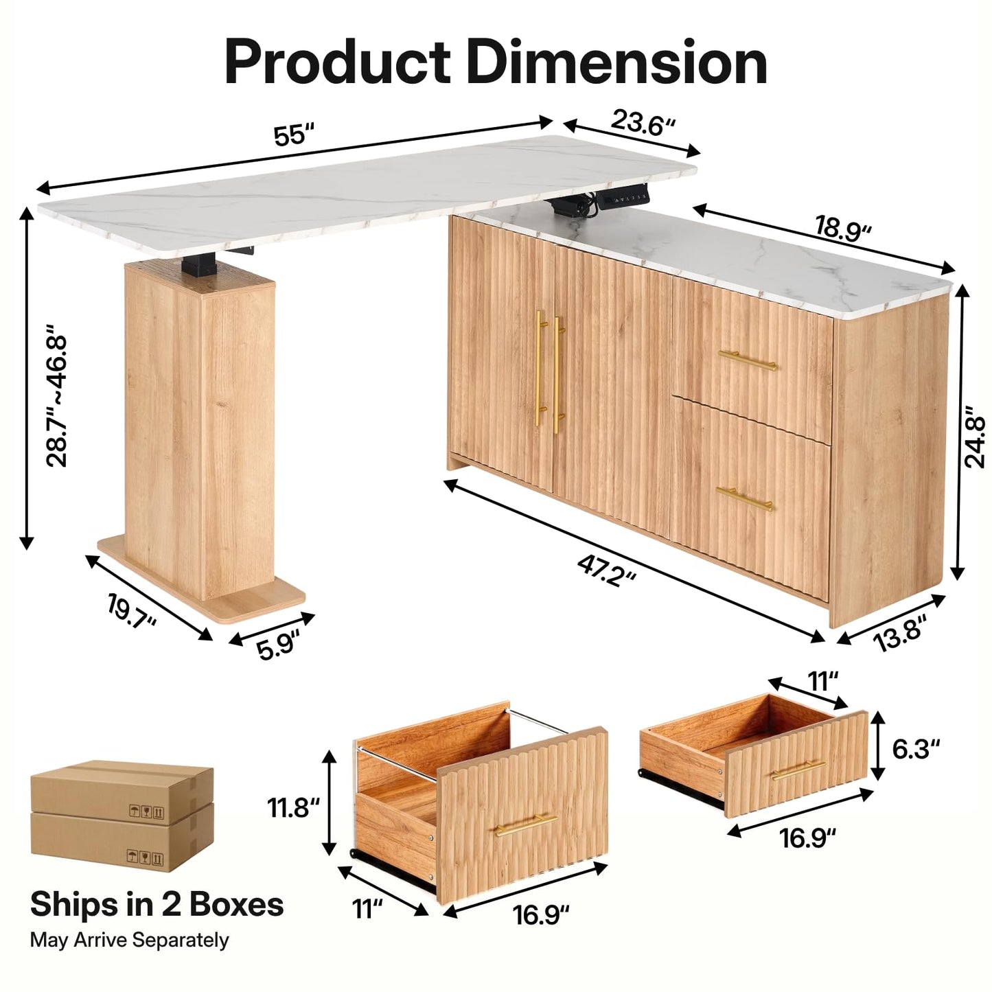 NORTHSKY 55" L Shaped Electric Standing Desk with Drawers and Storage Cabinet, Adjustable Height Corner Desk for Home Office, White Marble-Look Top with Natural Oak Fluted Base