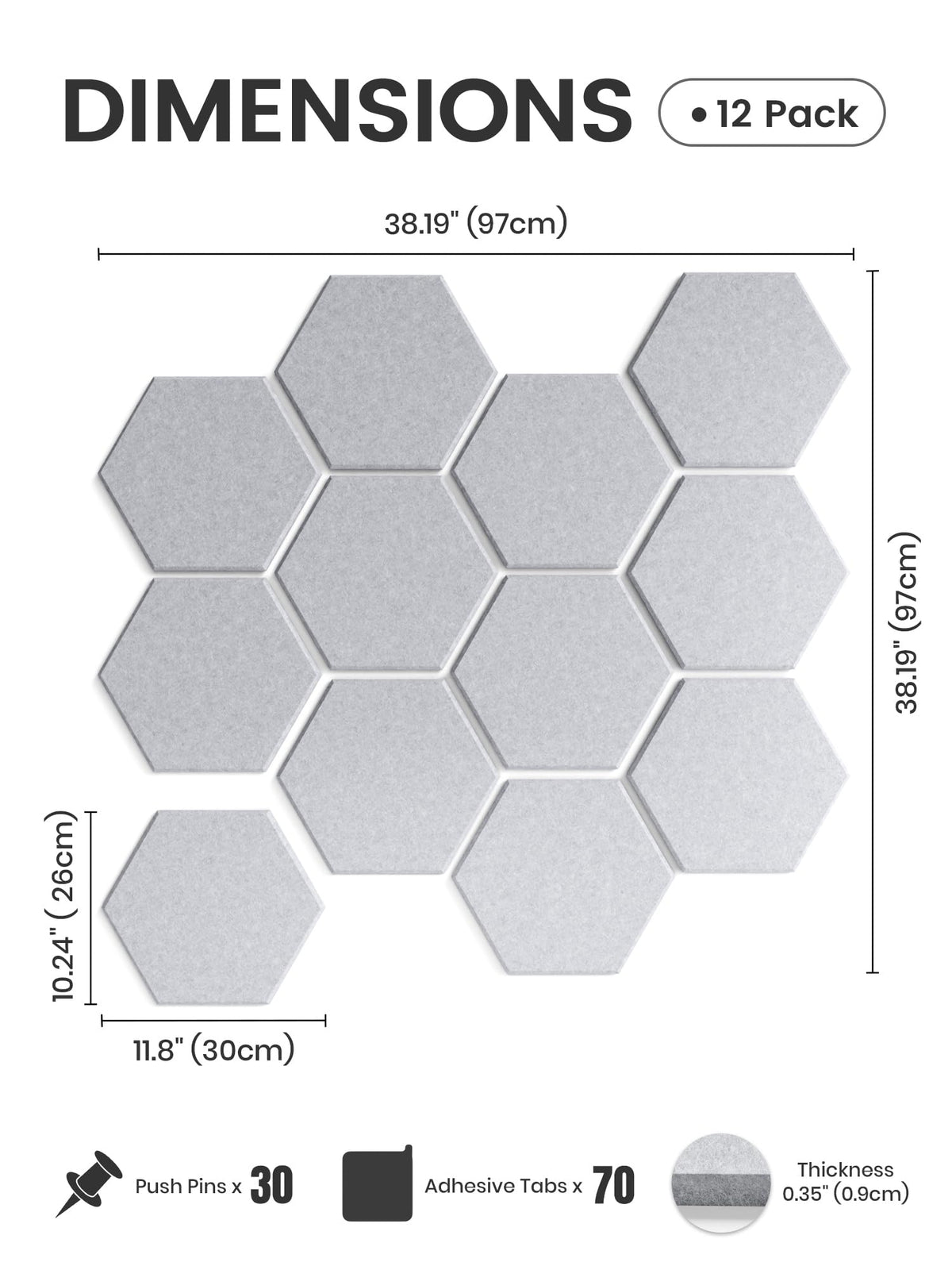 Fluxynara Hexagon Cork Board Alternative for Walls Decor-12-Pack Felt Bulletin Board Tiles,with 30 Pushpins,70 Adhesive Tabs for Office,Classrooms & Home Pin Board Felt Board-Soft Gray