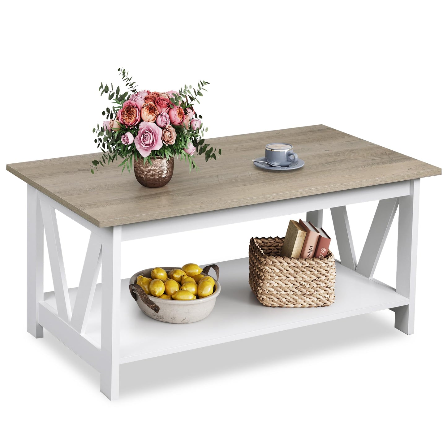 WLIVE Coffee Table for Living Room with Storage Shelf, 39.4" Farmhouse Coffee Table with V-Frame Support, 2-Tier Wood Rustic Center Table for Home Office, Apartment, Greige & White