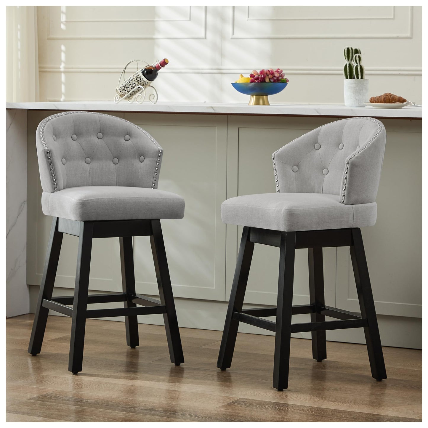UDAX 26''Swivel Bar Stools Set of 2, Upholstered Barstools with Backs, Modern Counter Height Bar Stool Chairs for Kitchen Island, Wood Legs, Counter Stools