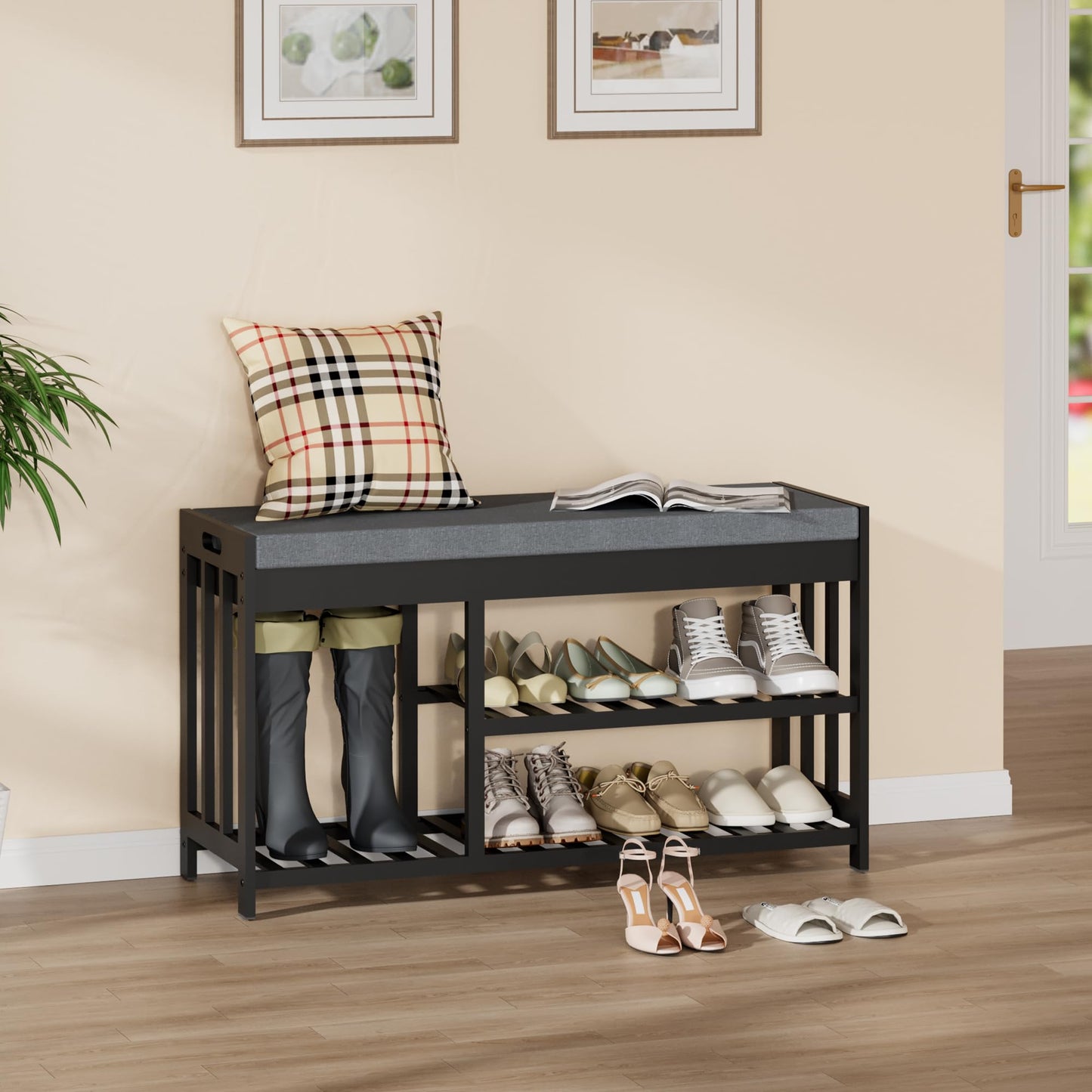 bambooflow Shoe Rack Bench with Cushion,2 Tiers Shoe Bench with Flip-Top Storage,Wood Shoe Rack for Entryway, Hallway, Bedroom, Front Door Entrance (Black)