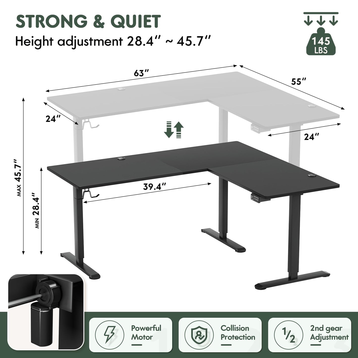 Furmax 63 x 55 Inch L Shaped Standing Desk with 2 Preset Heights, Electric Height Adjustable Computer Table, 2 Hooks & Feet Balance, Corner Sit Stand Desk for Home Office (Black, 63 x 55 Inch)