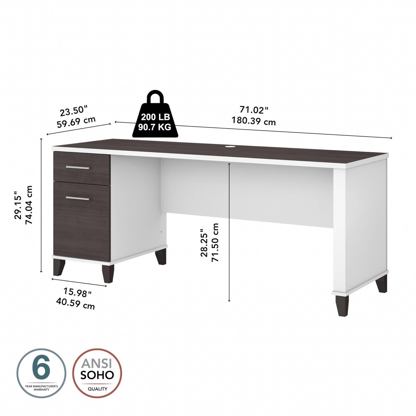 Bush Home 72-inch Home Office Desk with Drawers, Large Computer Table for Personal Workspace, Somerset Collection, White and Storm Gray