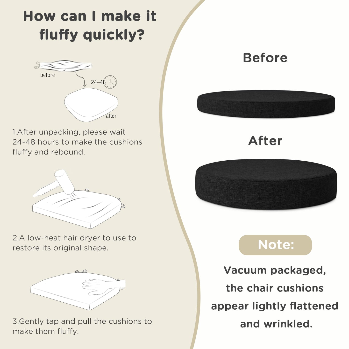 AddGrace 2.5" Thick Non Slip Round Chair Pad 1 Pack, 16" Round Chair Cushion with Machine-Washable Cover and Long Zipper, Seat Cushions for Kitchen, Office, Floor and 16" Ottoman, Black