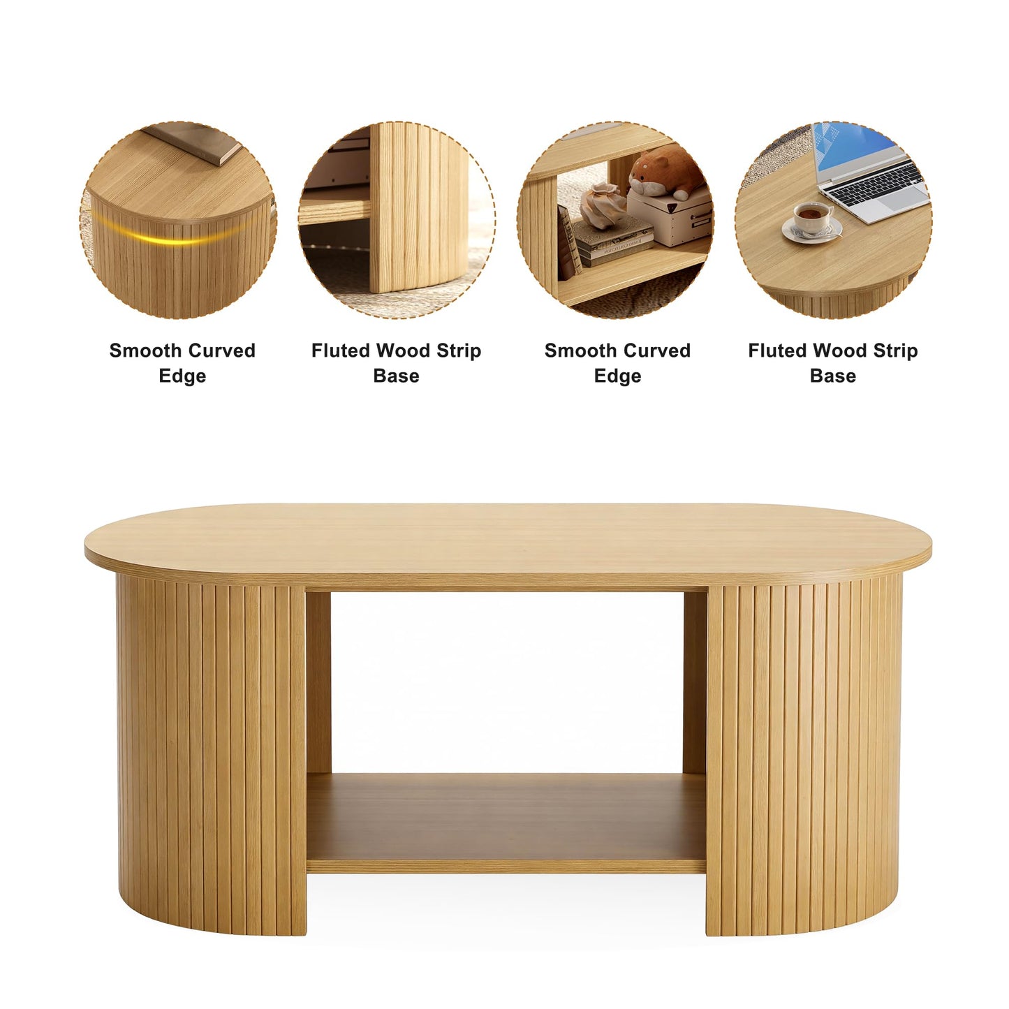 MXV Oval Fluted Coffee Table, 2-Tier Mid Century Modern Center Table, Tea Table with Large Storage, Farmhouse Coffees Table for Living Room, Office, Bedroom, Oak