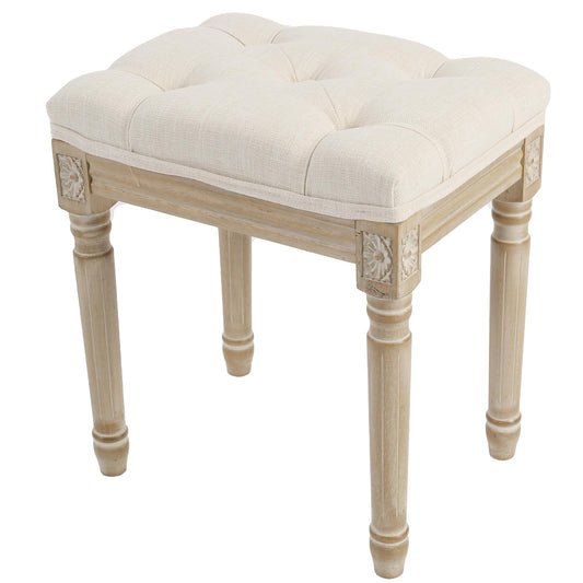 Yusong Vanity Stool Upholstered Bench Seat for Makeup Room, Vintage Small Bedroom Bench Dining Bench with Tufted Fabric for Living Room, Piano Stool with Rustic Wood, Easy Assemble,Beige