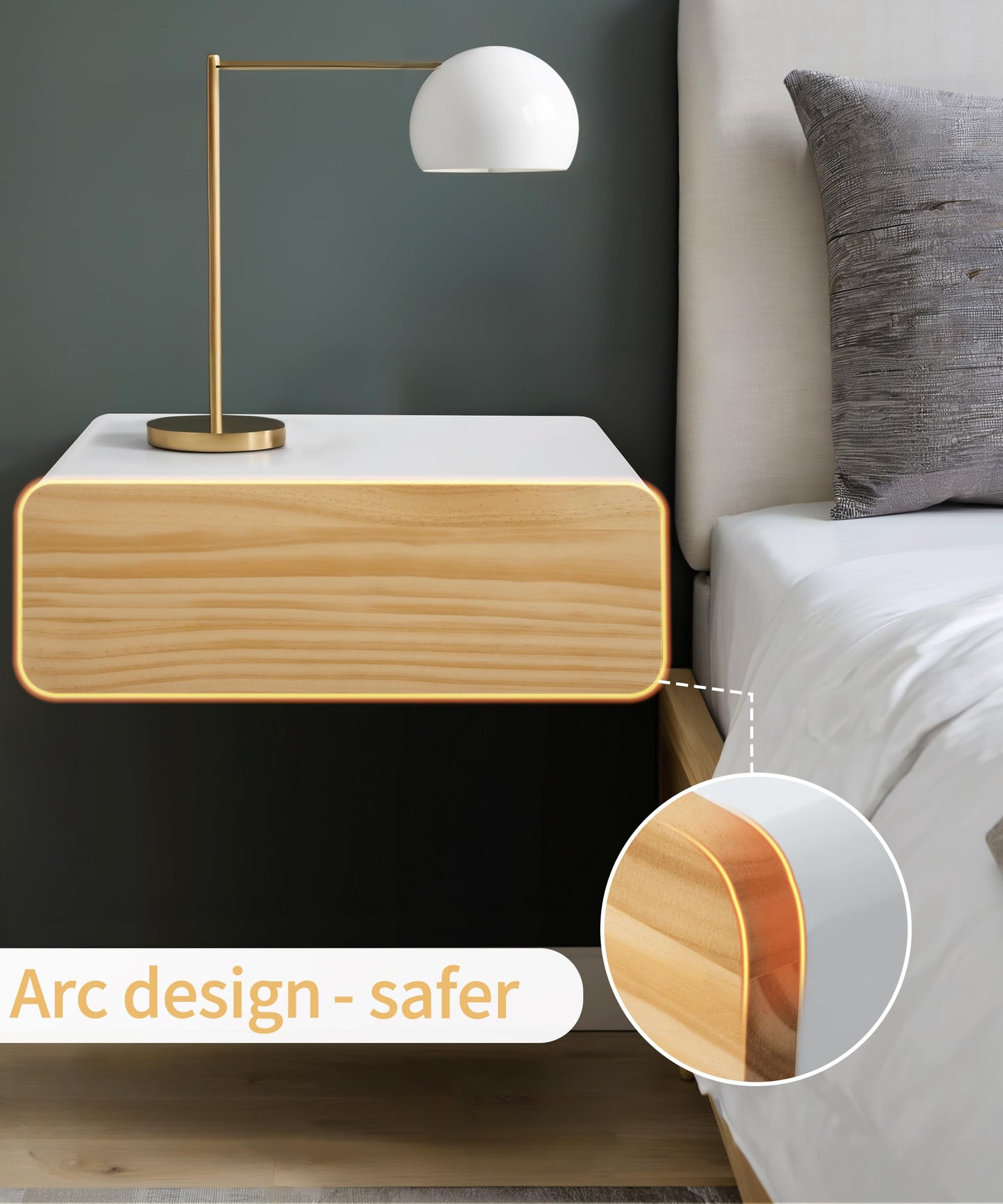 SUMGAR Floating Nightstand White with Drawers Modern Bedside Table Organiser Fully Assembled Shelf Small Spaces Wall Mounted Storage Wood Furniture for Bedroom Home Decor