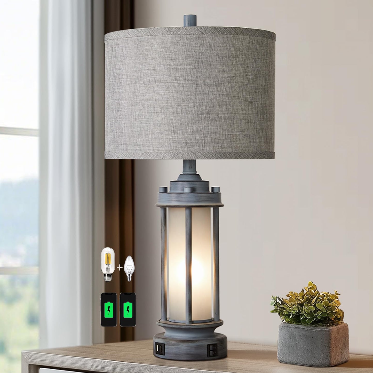 AIEAMPDO 25" Rustic Farmhouse Nightstand Lamp with 2 USB C+A Ports