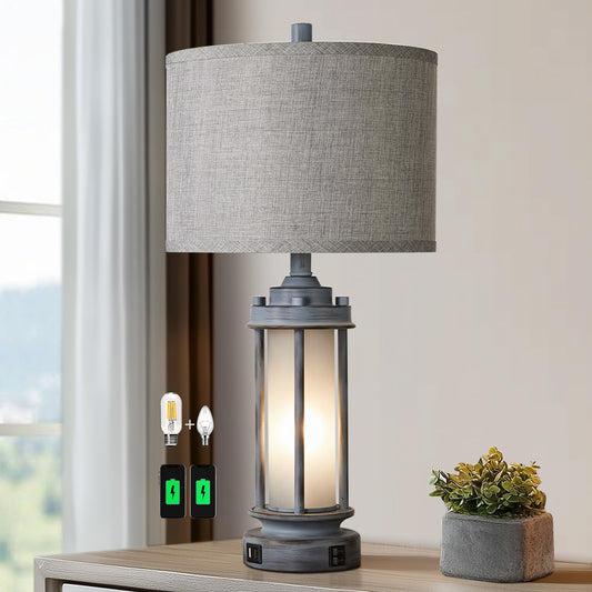 AIEAMPDO 25" Rustic Farmhouse Nightstand Lamp with 2 USB C+A Ports