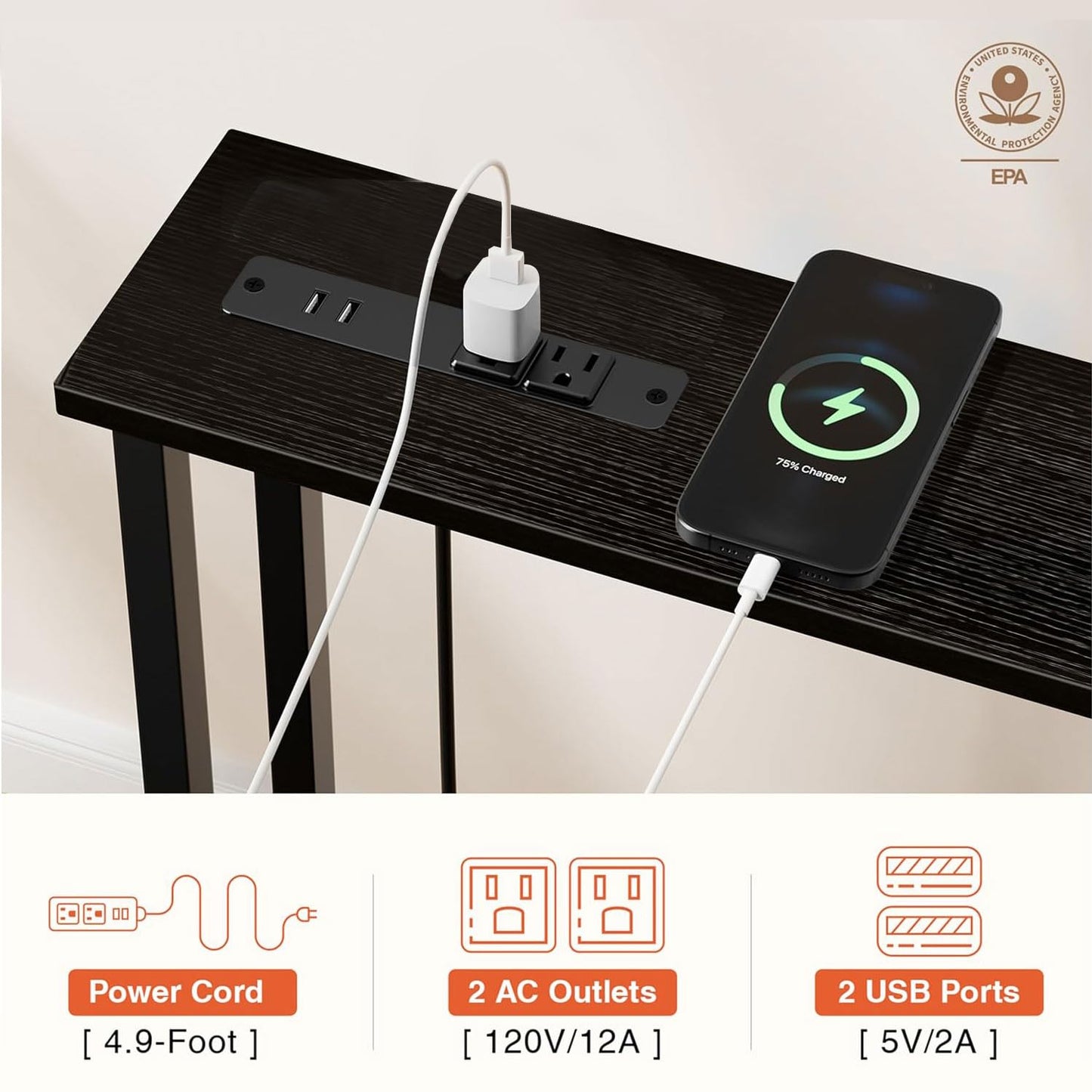 Keelian 63" Sofa Table Narrow Long - 2 Power Outlets & 4 USB Ports, Metal Frame,Behind Couch Table Behind Sofa for Living Room, Hallway, Entrance- Easy Assembly, 4.9' Extension Cord Included.