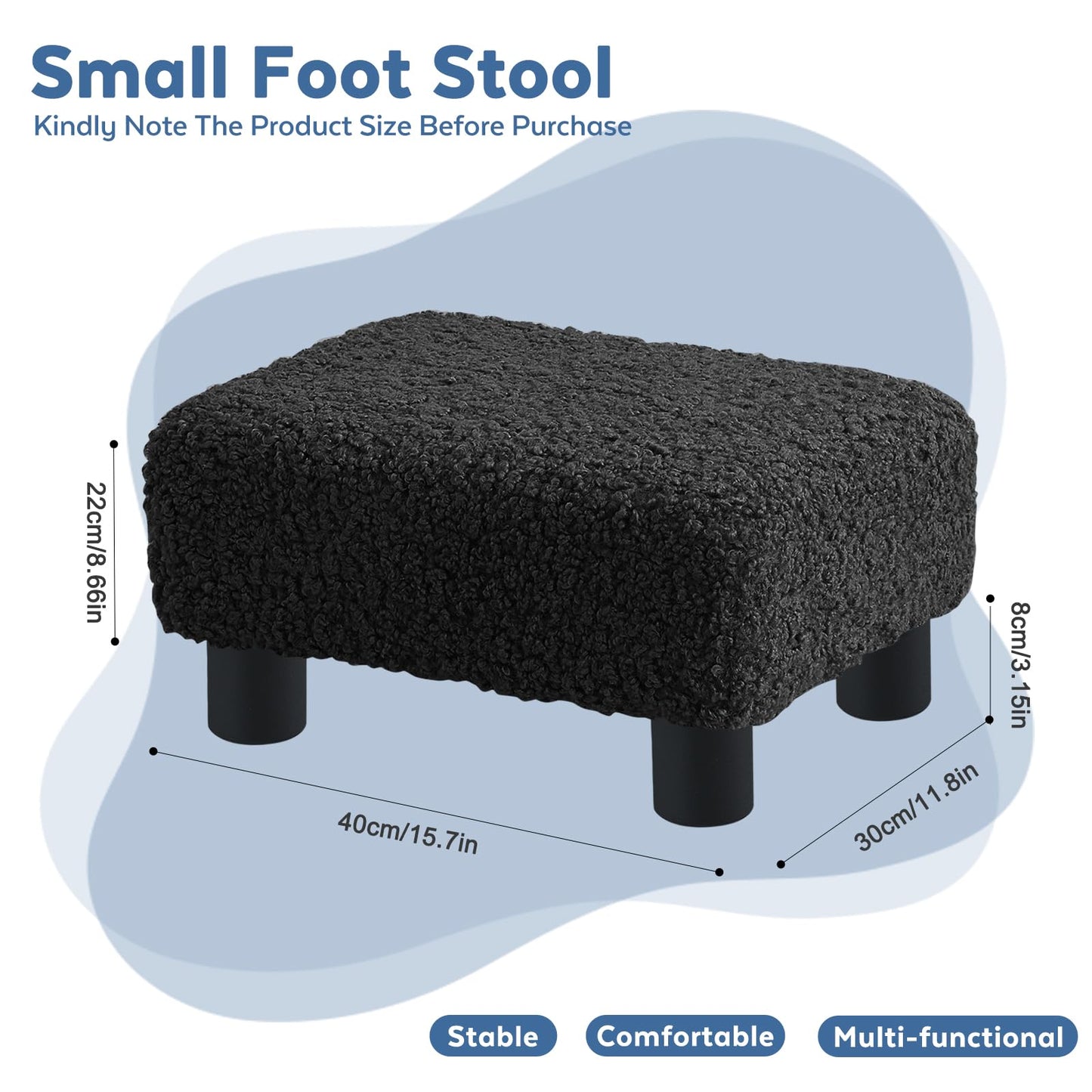 BRIAN & DANY Small Foot Stool Ottoman, Footstool with Legs, Sherpa Foot Rest for Couch, Foot Stools Small for Living Room, Bedroom and Office, Black