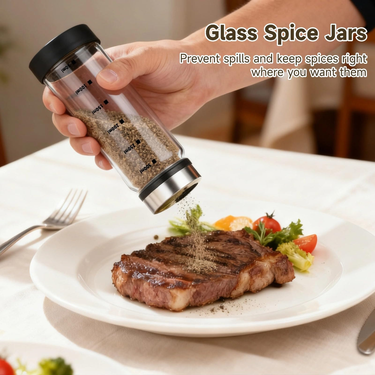 2 Pcs Salt and Pepper Shakers, 350ml Glass Spice Bottles with Adjustable Pour Holes, Spice Dispensers with Non-Slip Silicone Bases, Seasoning Jars with Rotating Steel Lids for Kitchen