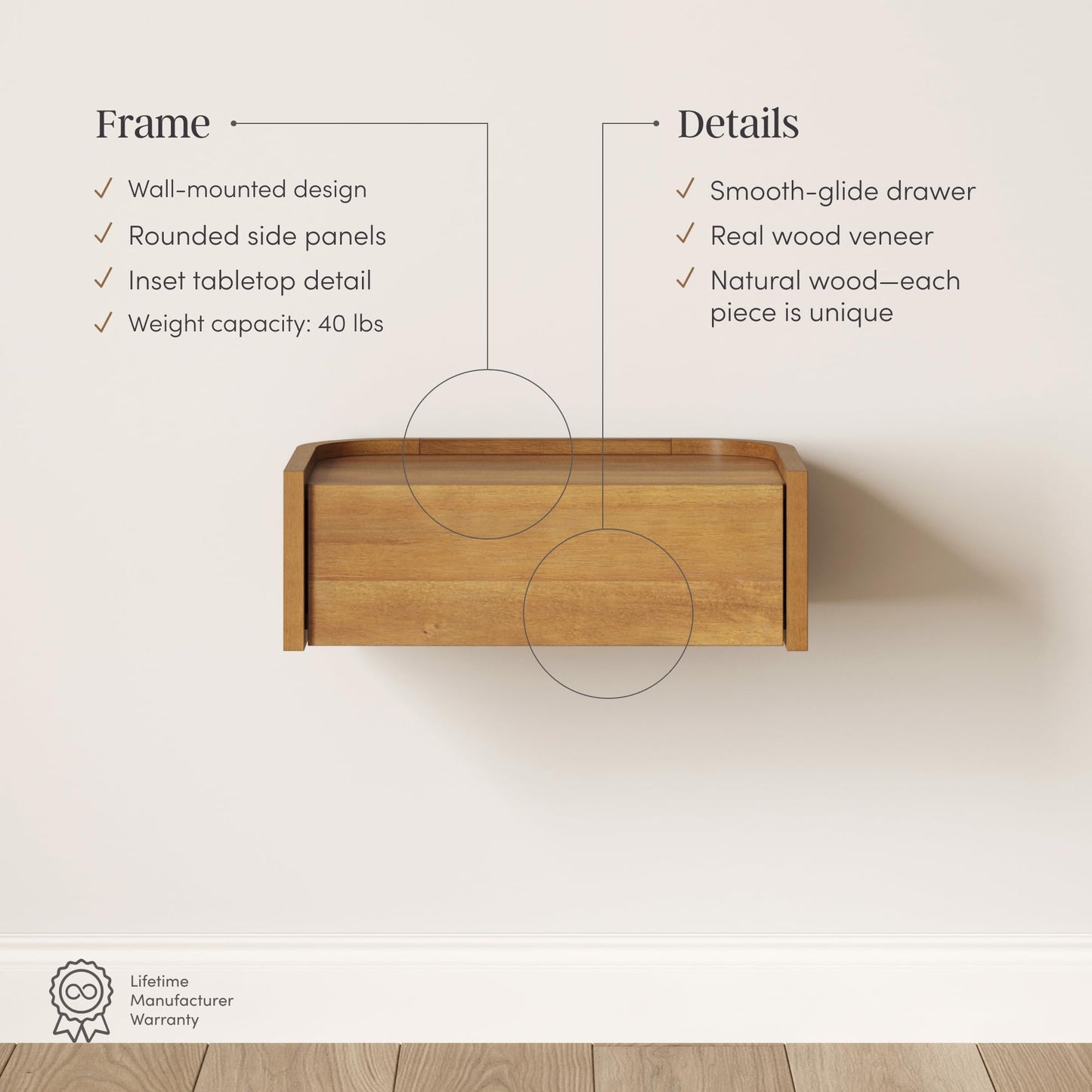 Nathan James Tyla Wall Mounted Bedside Table, Floating 1-Drawer Nightstand with Rounded Edges, Light Brown