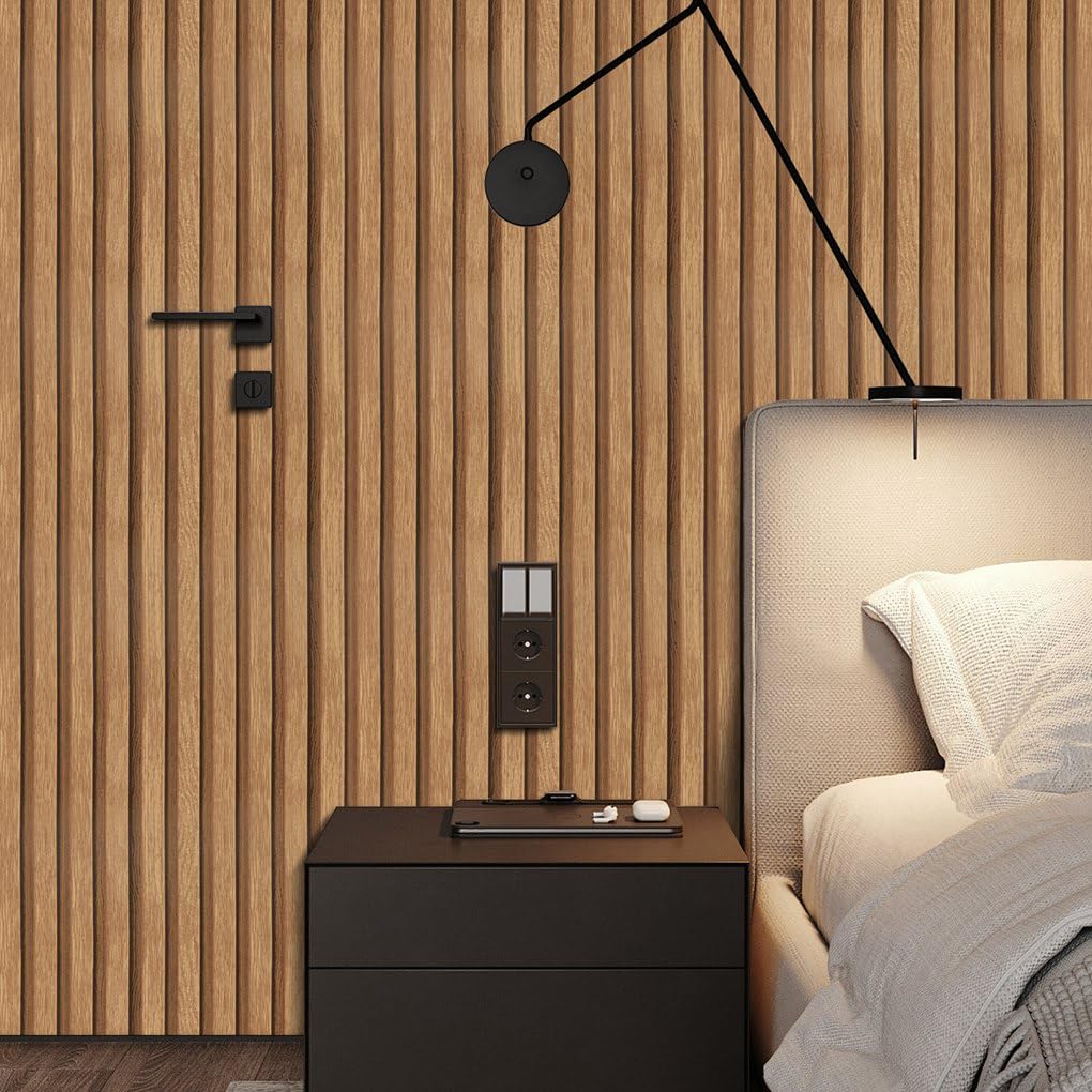 Arthome 17''x120'' Wood Slat Wallpaper, Peel and Stick Self Adhesive Wood Wallpaper PVC Vinyl Decorative Removable Wallpaper Waterproof Faux Wood Grating Stripe Contact Paper for Living Room Bedroom