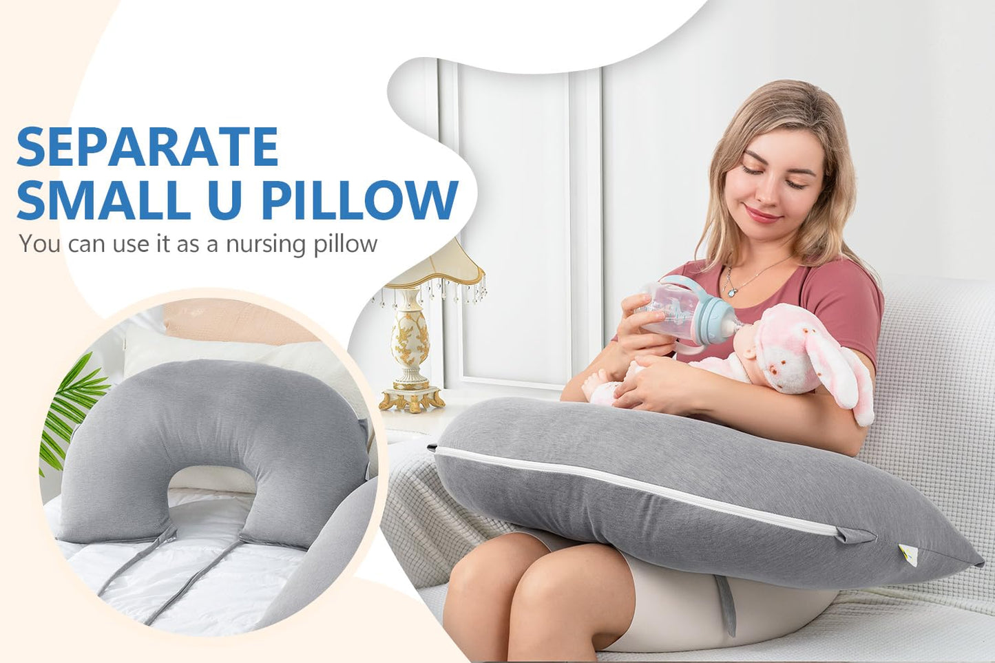 INSEN Pregnancy Pillows, Detachable Body Pillow for Sleeping, Nurse & Relax, Multi-Use Pregnancy Pillows for Pregnant Women, Cooling Tencel-Grey