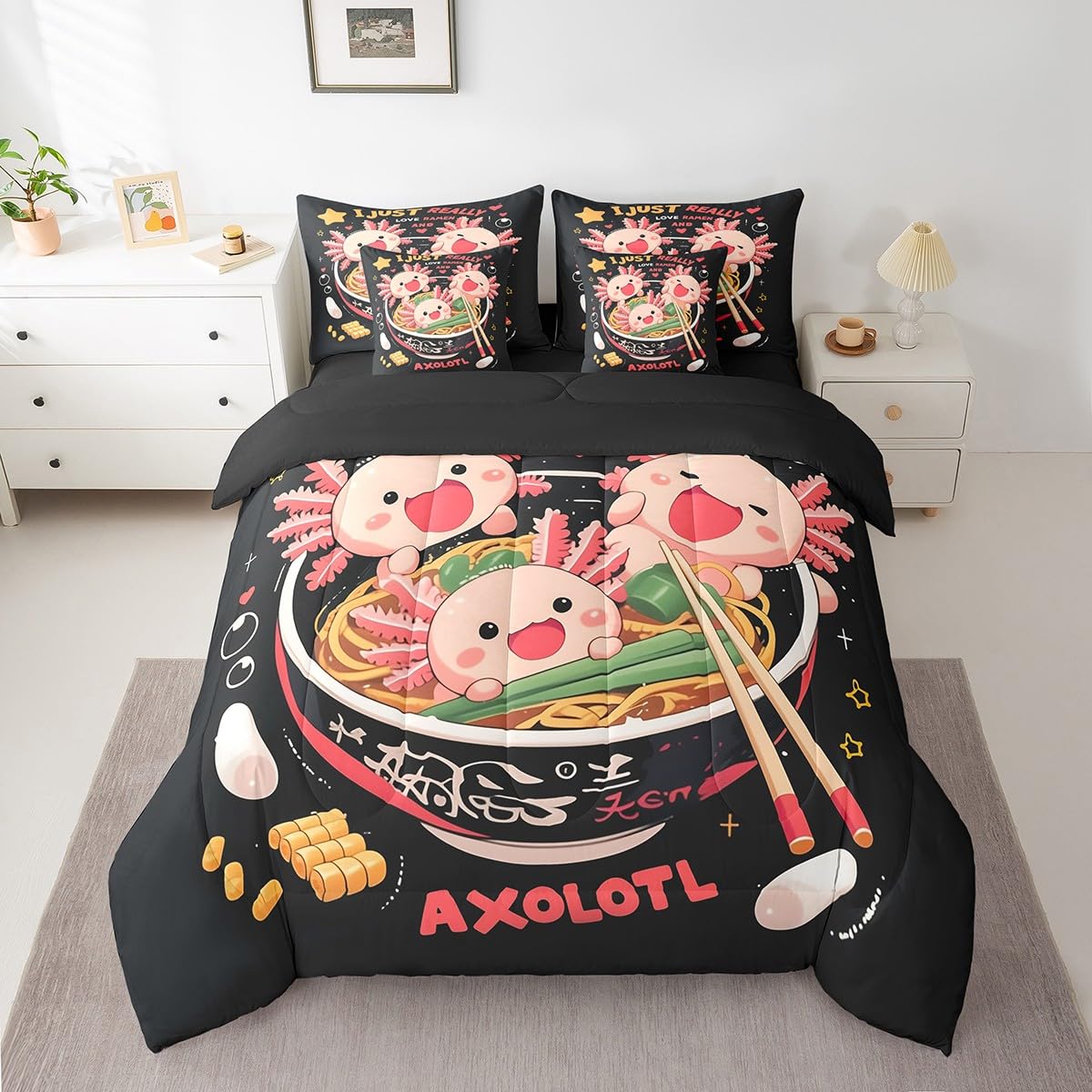 Erosebridal Funny Axolotl Queen Bedding Set,Ramen Noodle Comforter Set Gifts for Ramen Lovers,Food Themed Bed Set 7Pc Japanese Anime Style Bed in a Bag with Fitted Sheet,Flat Sheet,Pillowcases