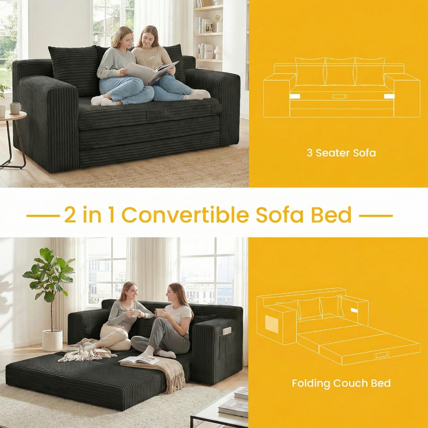 Boneless Couch,3 Seater Boneless Couch Bed – 3-in-1 Convertible Sleeper Sofa with Side Pockets & Handle,Pull Out Corduroy Futon for Small Space,Living Room & Bedroom,3 Pillows Included,No Assembly