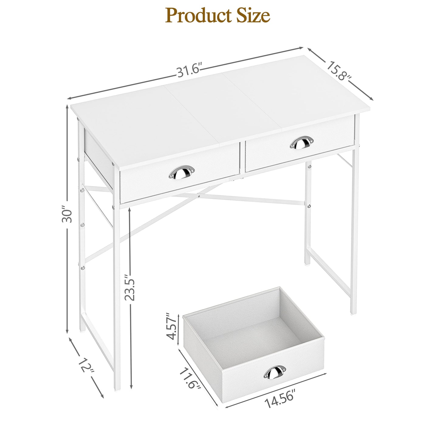 ThreeHio Small Vanity Desk No Mirror for Kids Bedroom, 31.5 Inch Vanity Table with Drawers, Makeup Vanity Desk for Narrow Spaces, White Dreessing Table(No Mirror)