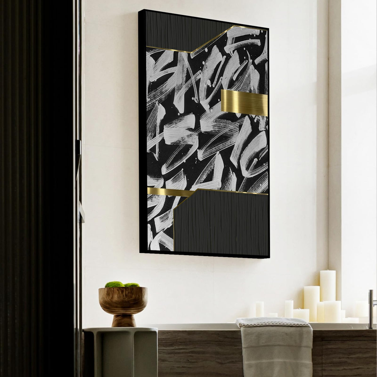 QKF bright abstract geometric wall decoration, modern minimalist black and white wall art, suitable for bedroom, living room, bathroom, office, home poster printing 16 "X 24" inch 3-piece set