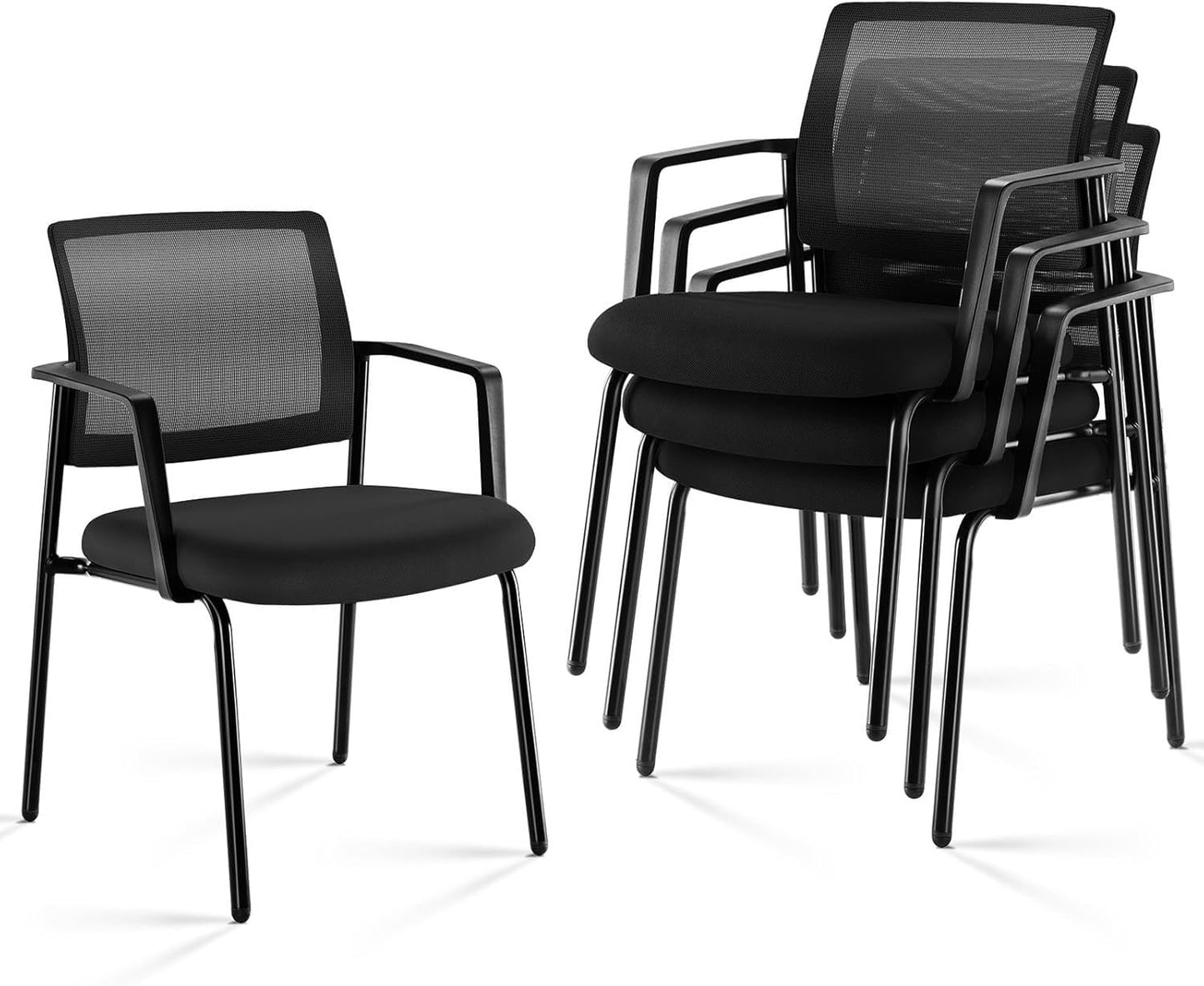 Mesh Back Stacking Arm Chairs, Office Reception Guest Chair with Upholstered Fabric Seat and Ergonomic Lumber Support, Sturdy Metal Office Chairs, Black-4pack