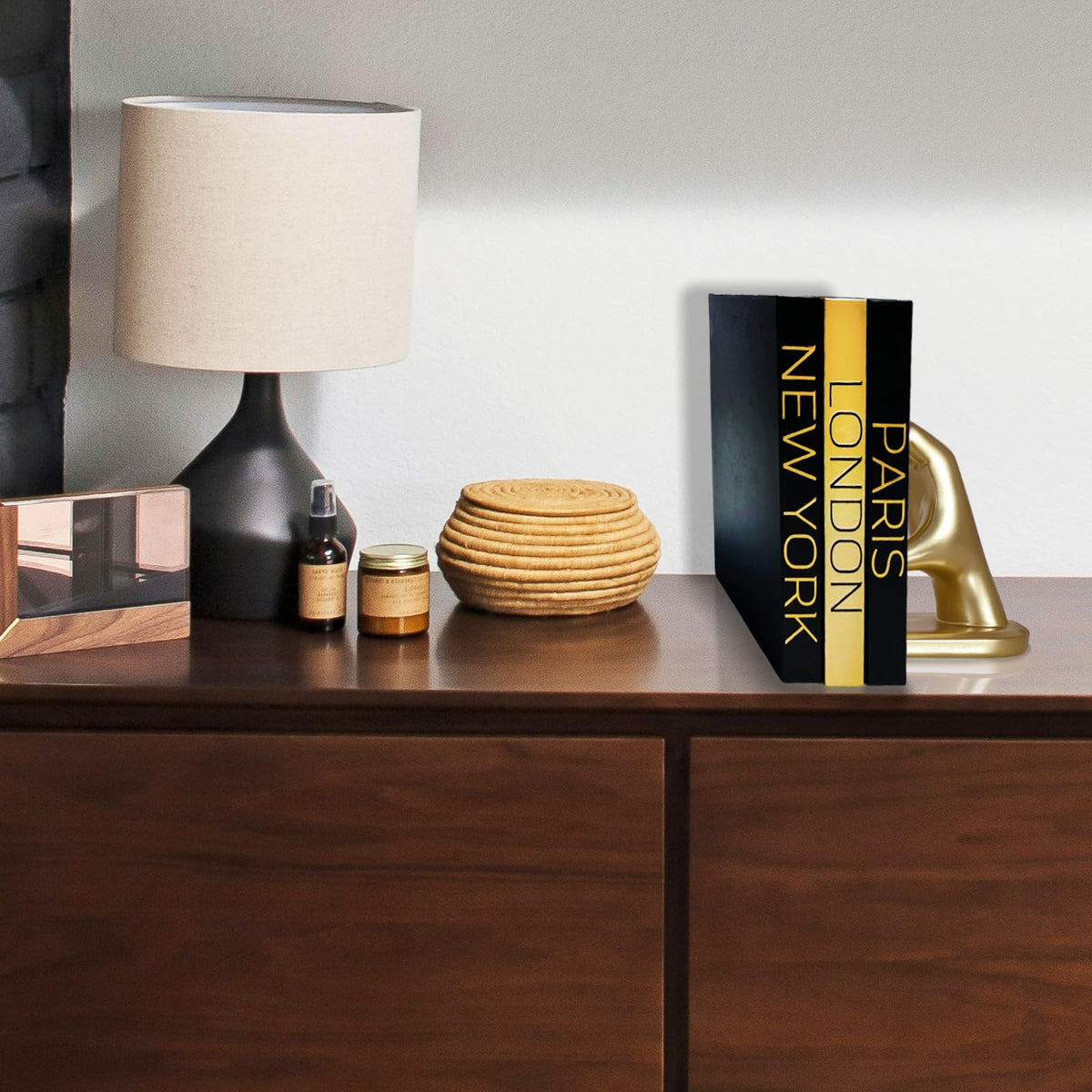 AZEZO Set of 3 Decorative Books for Home Decor – Decorative Hardcover Display Faux Books for Bookshelf and Coffee Table – Black and Gold Foiled – Paris London New York Themed