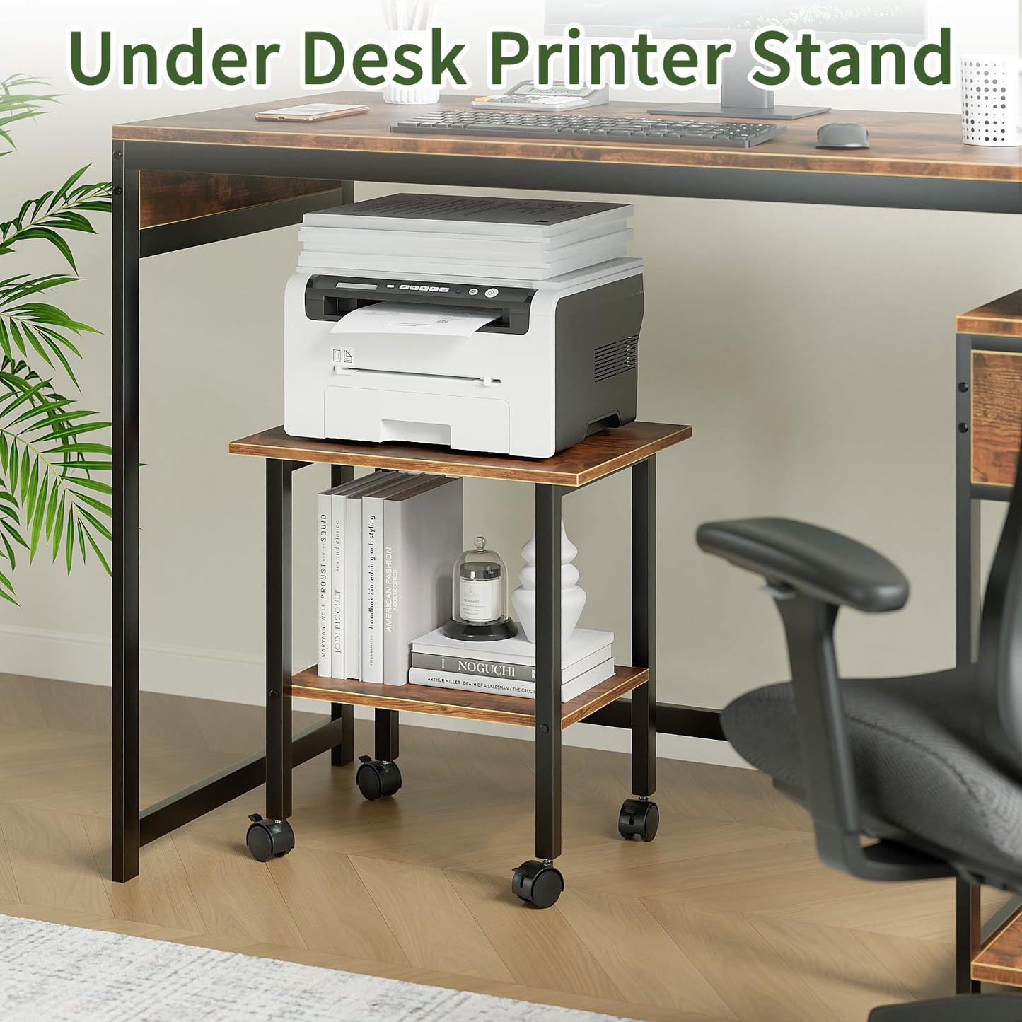 YQ JENMW 2 Tier Printer Stand with Storage, Under Desk Printer Table, Space-Saving Printer Table with Locking Wheels, Rolling Printer Cart for Home Office, Rustic Brown