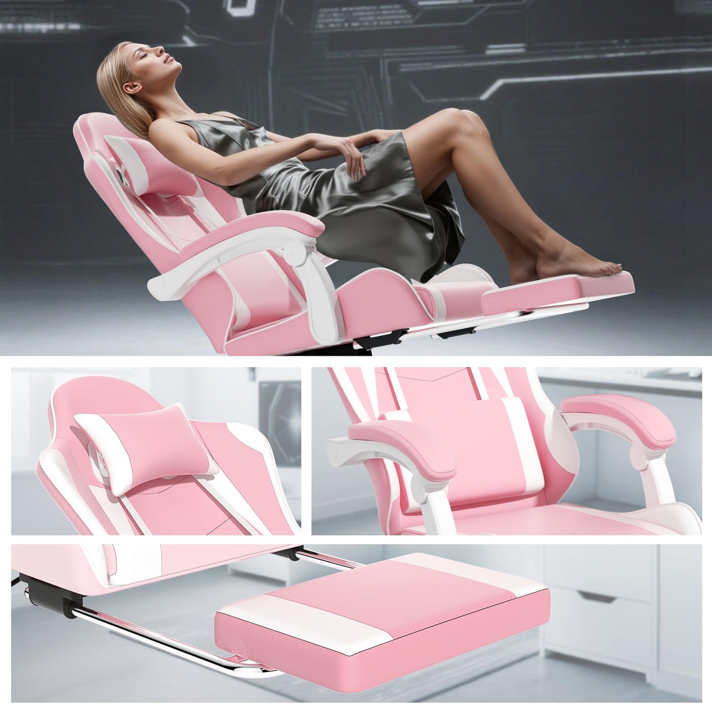 Athena Collection Gaming Chair, Ergonomic Gaming Chair with Footrest & Headrest Lumbar Support, Height Adjustable Swivel Computer Chair Office Chair for Adults (Pink)