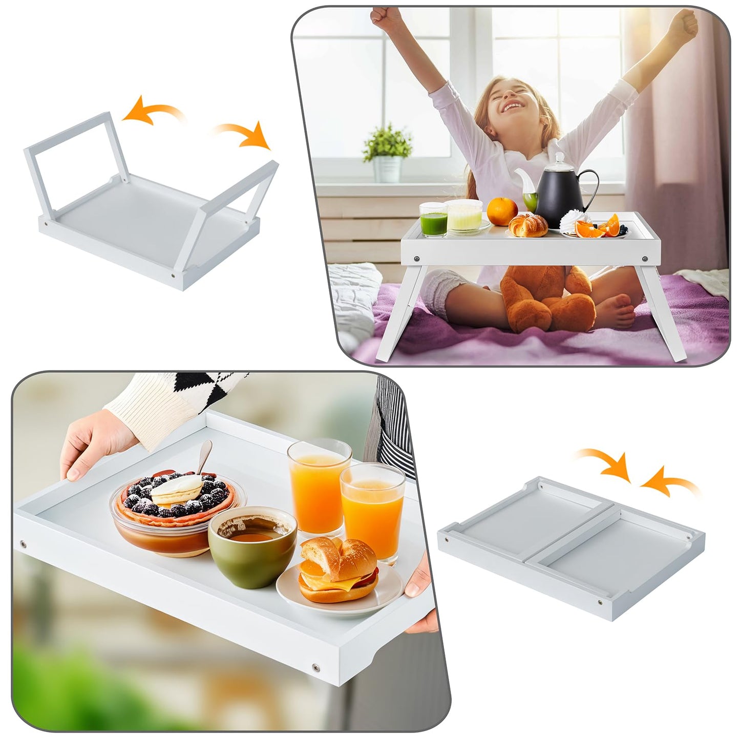 Bamboo Bed Tray Table with Folding Leg, Breakfast in Bed Tray for Eating,Kitchen Serving, Food, Sofa, Snacking or Working, Laptop Desk Dinner(1, White)