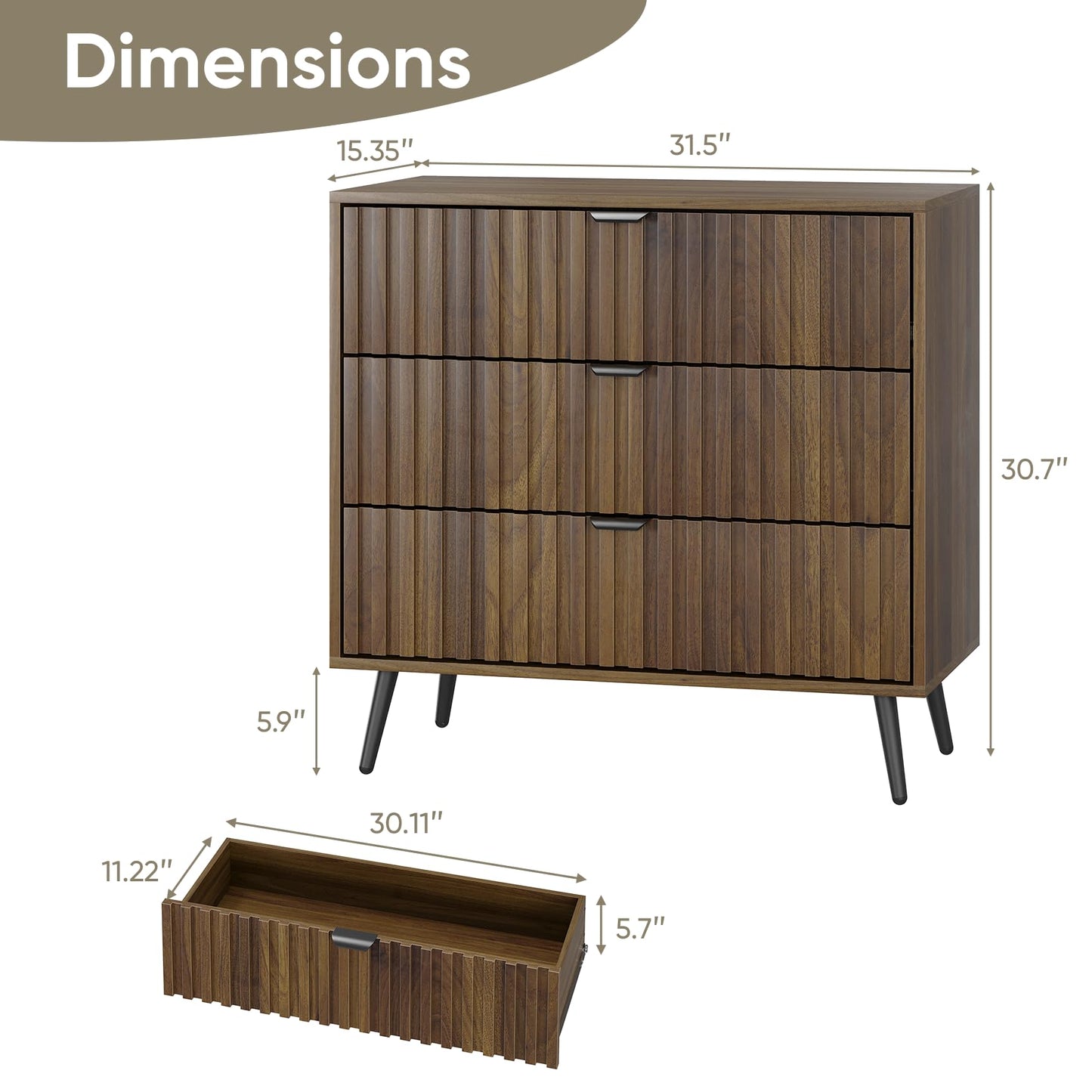 Smart FENDEE 3 Drawers Dresser, Fluted Small Dresser, 31.5“ W Mid- Century Modern Wooden Chest of Drawers, Large Nightstand Organizer for Bedroom, Closet, Hallway, Entryway, Walnut