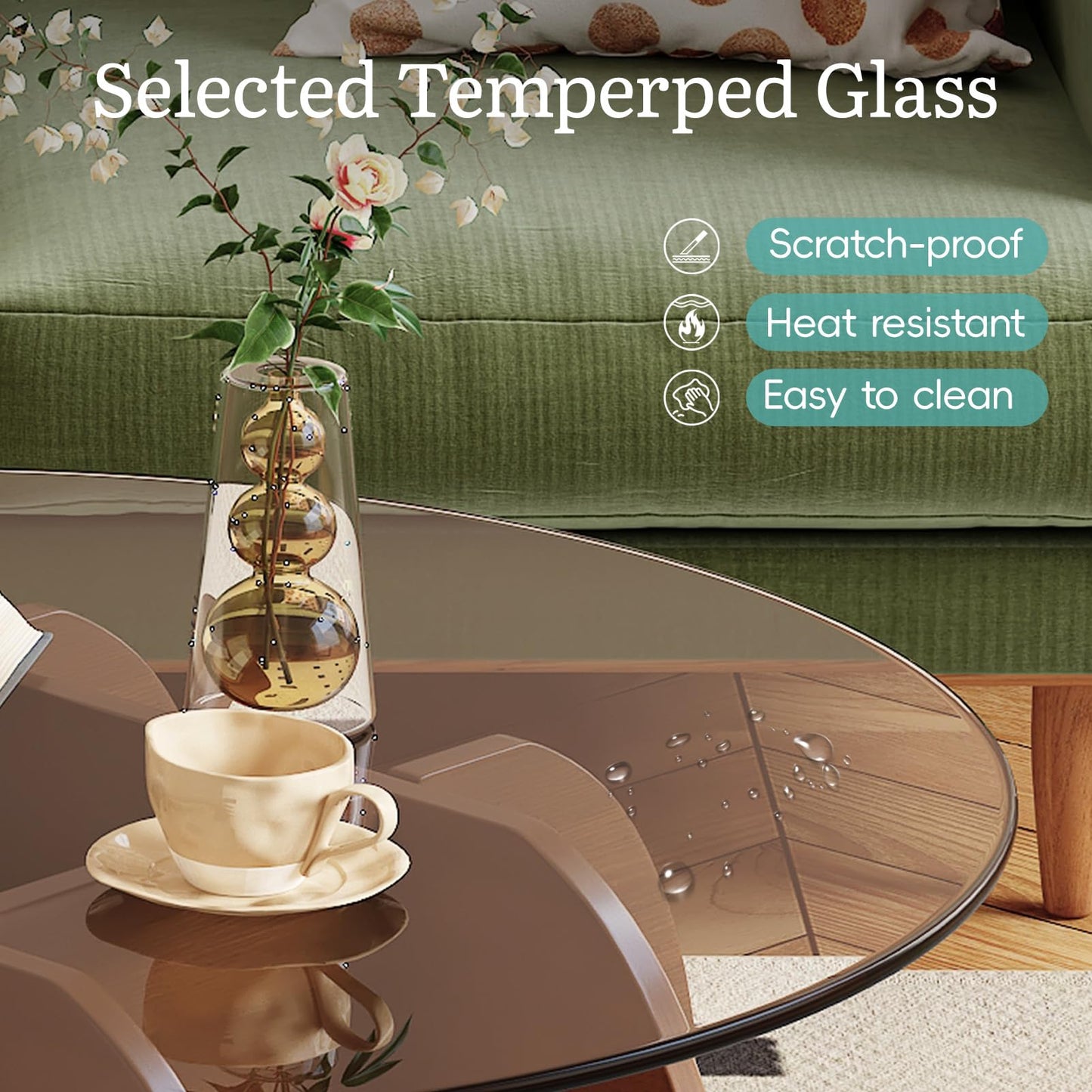 JCAJCA Coffee Table for Living Room Mid Century Modern Round Center Table with Glass Top and Wood, Walnut Brown