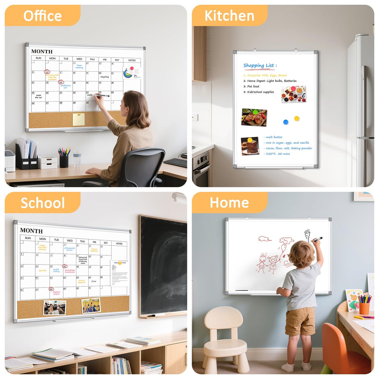 QUEENLINK Large Dry Erase Calendar for Wall, 36"x24" Double-Sided Magnetic Whiteboard Calendar with Cork Board, Aluminum Frame Monthly White Board Memo Message Board for Office, Home, School, Kitchen