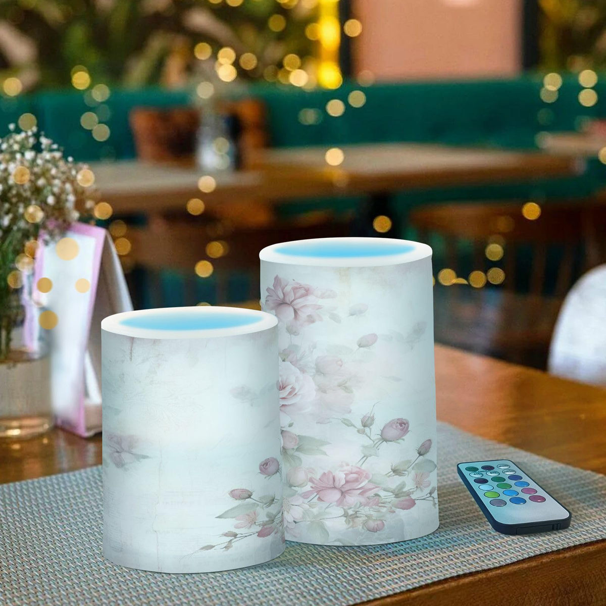 ALAZA Pink Rose Flowers Flickering Flameless Candles Floral Battery Operated with Remote Timer,Tea Light Candles LED Pillar Votive Candles Set of 2 for Outdoor Indoor Decorations