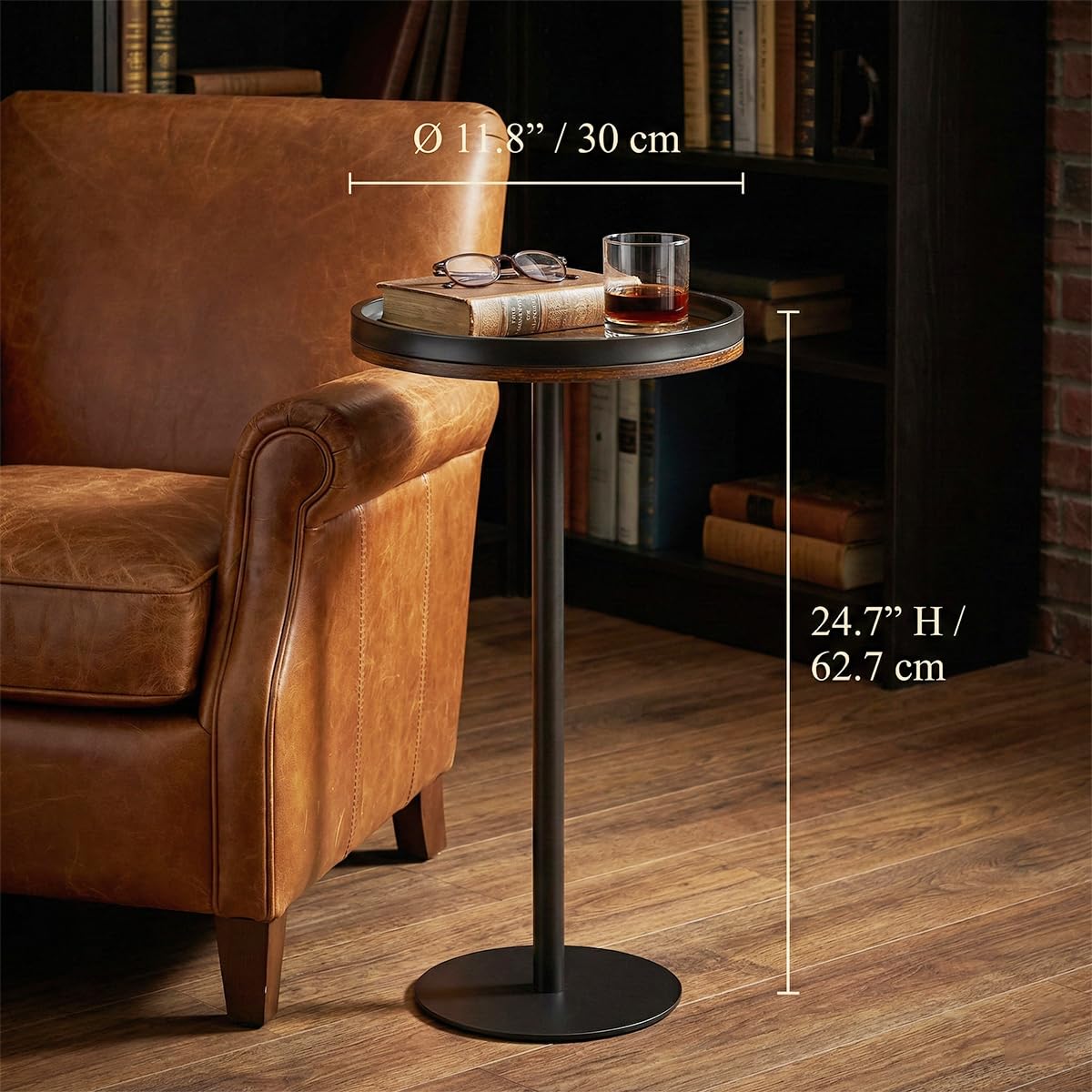 ZEXVIDA Small Round Side Table,Drink Table with Weighted Base,Industrial Metal & Wood Pedestal End Table with Tray Top, Martini Table for Small Spaces, Living Room, Next to Sofa,24.7" H