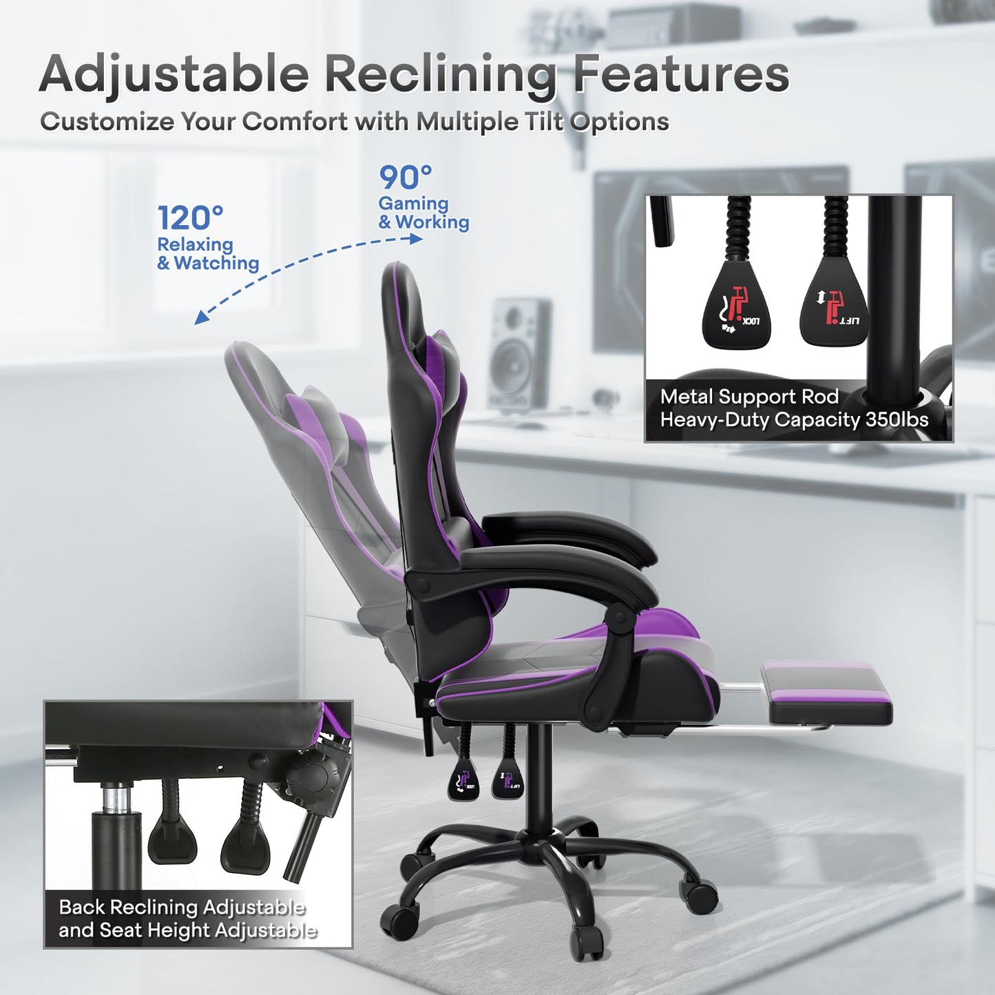 Athena Collection Gaming Chair, Ergonomic Gaming Chair with Footrest & Headrest Lumbar Support, Height Adjustable Swivel Computer Chair Office Chair for Adults(Purple)