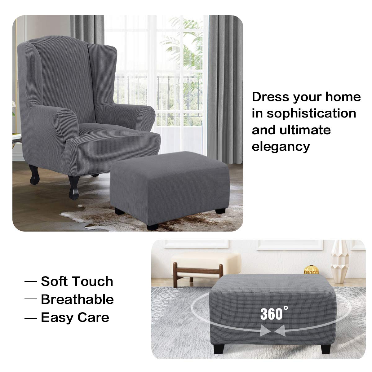 H.VERSAILTEX Ottoman Cover Slipcover Rectangle Fit Length 29"-34" Footrest Sofa Slipcovers Stool Cover Footstool Protector Covers Feature Stretch Thick Soft Jacquard Fabric Removable Washable - Grey