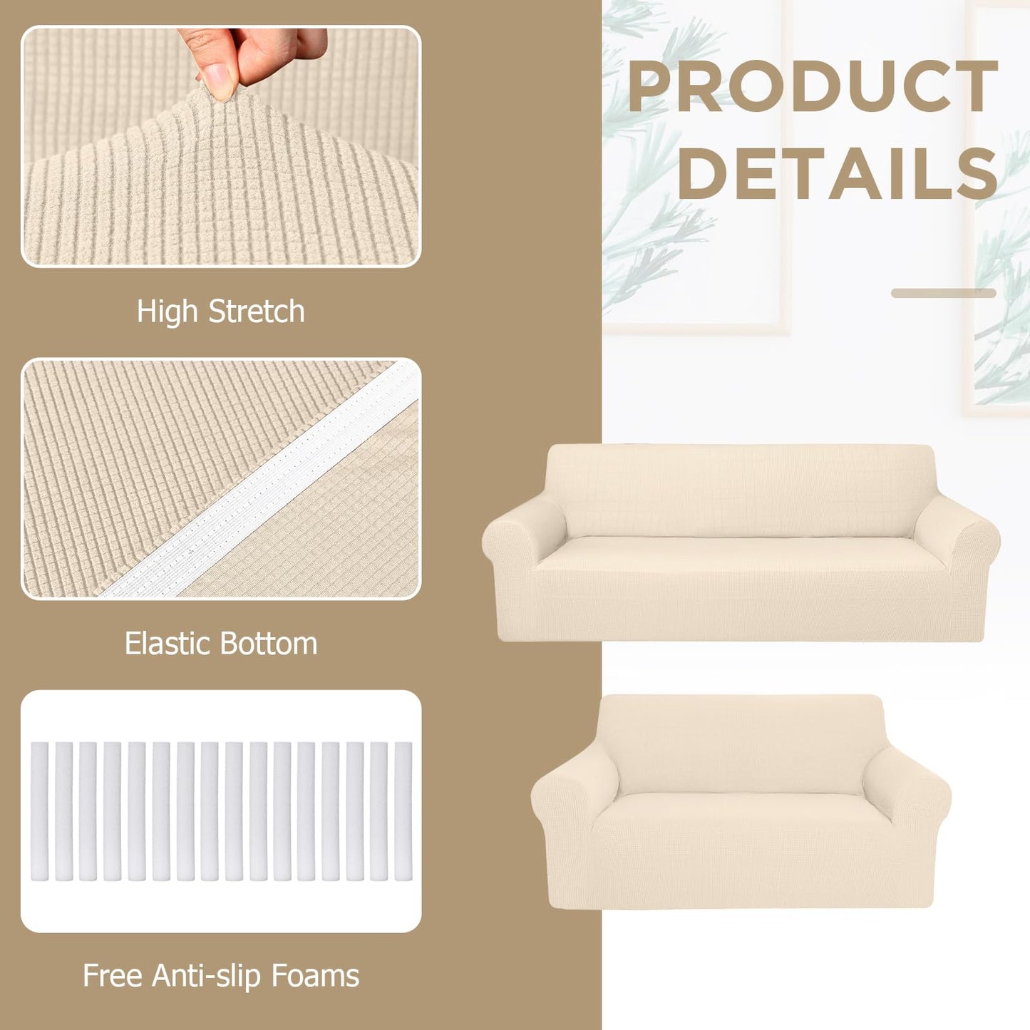 Peryiter 2 Pcs Sofa Covers Couch and Loveseat Covers Set Stretch Sofa Slipcover for Living Room Armchair Furniture Protector, Wrinkle Proof(Beige,Jacquard)