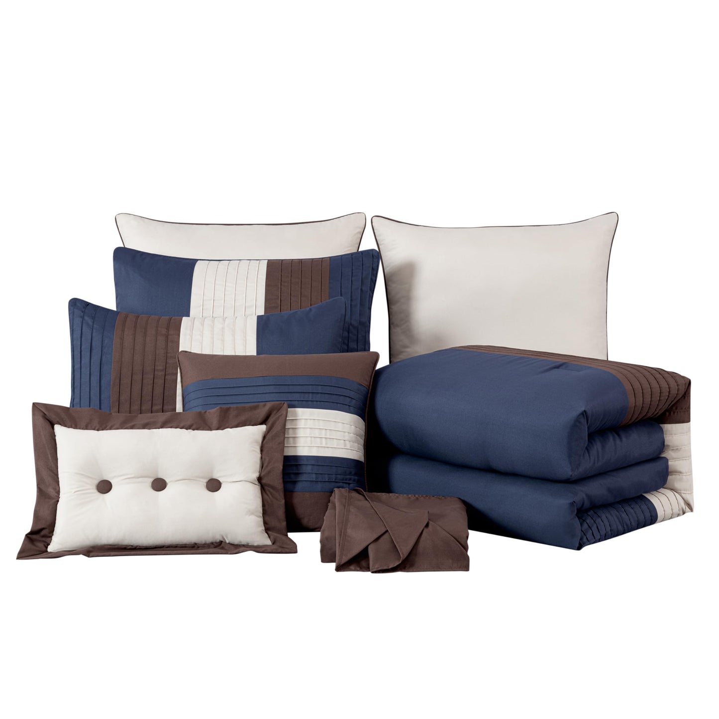 Chezmoi Collection Loft 8-Piece Oversized King Comforter Set, Midnight Blue/Brown/Coffee Cream Luxury Striped Bedding for All Season